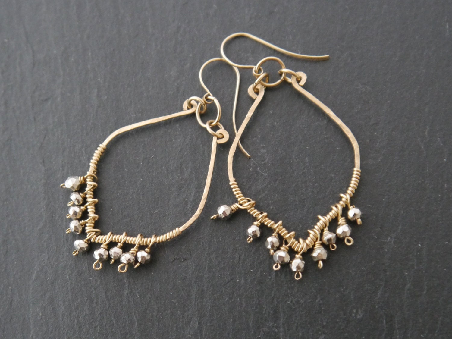 Boho Pyrite Fringe Chandelier Gemstone Earrings, 14K Gold Filled Bohemian Wedding