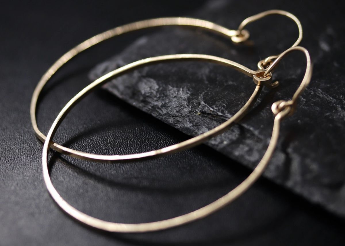 14K Gold Filled Hoop Earrings Large, Hammered Boho Chic Style