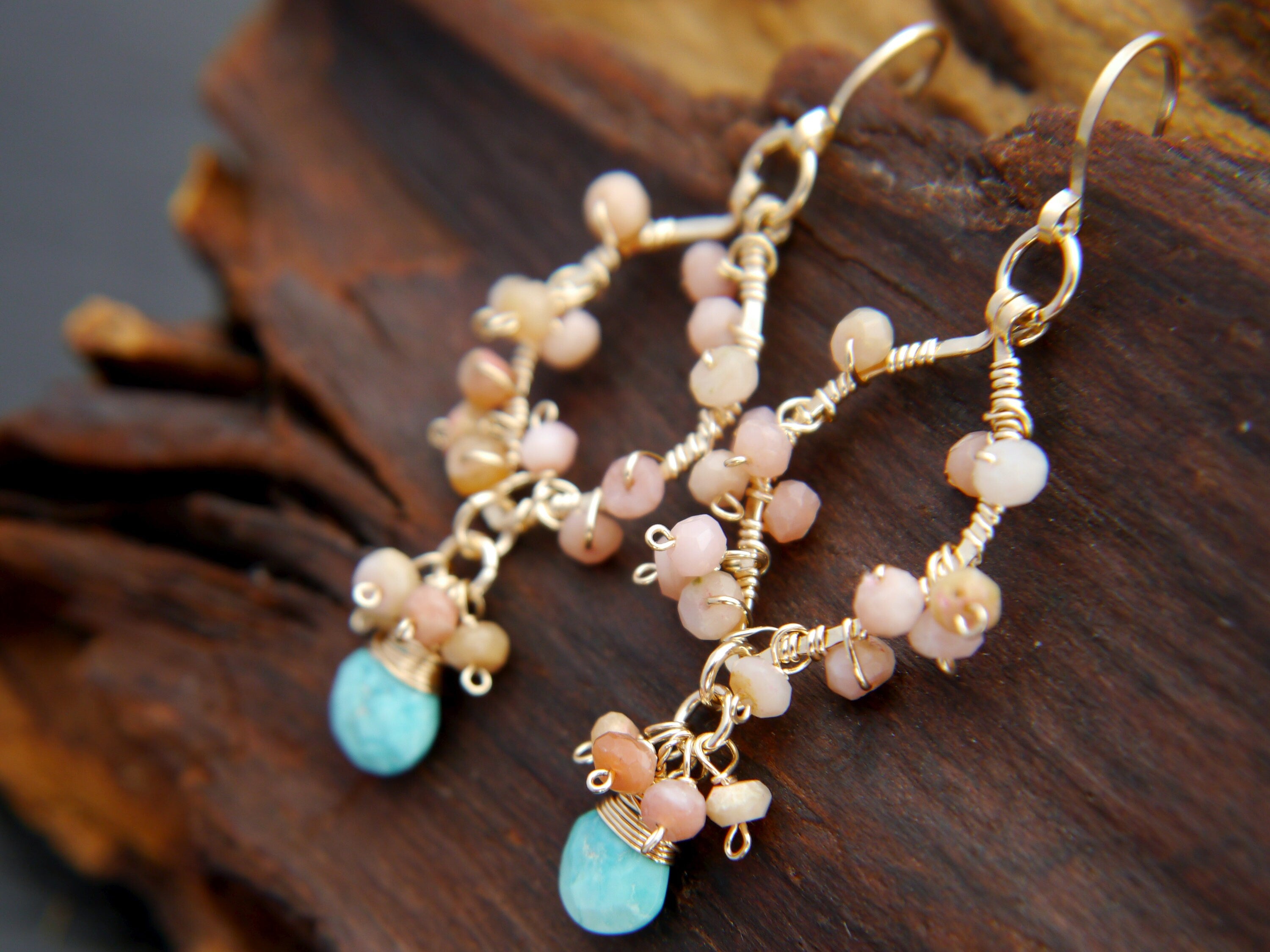 Turquoise Pink Opal Floral Gemstone Earrings, 14K Gold Filled Garden Wedding
