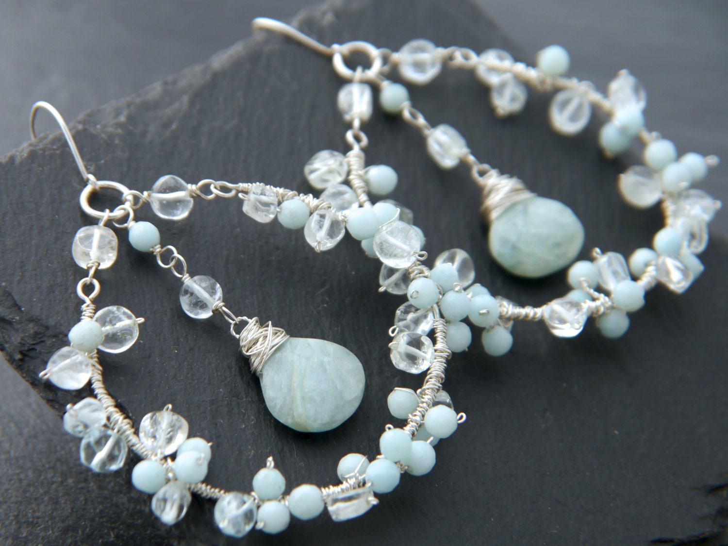 Aquamarine Amazonite Floral Chandelier Hoop Gemstone Earrings, Sterling Silver