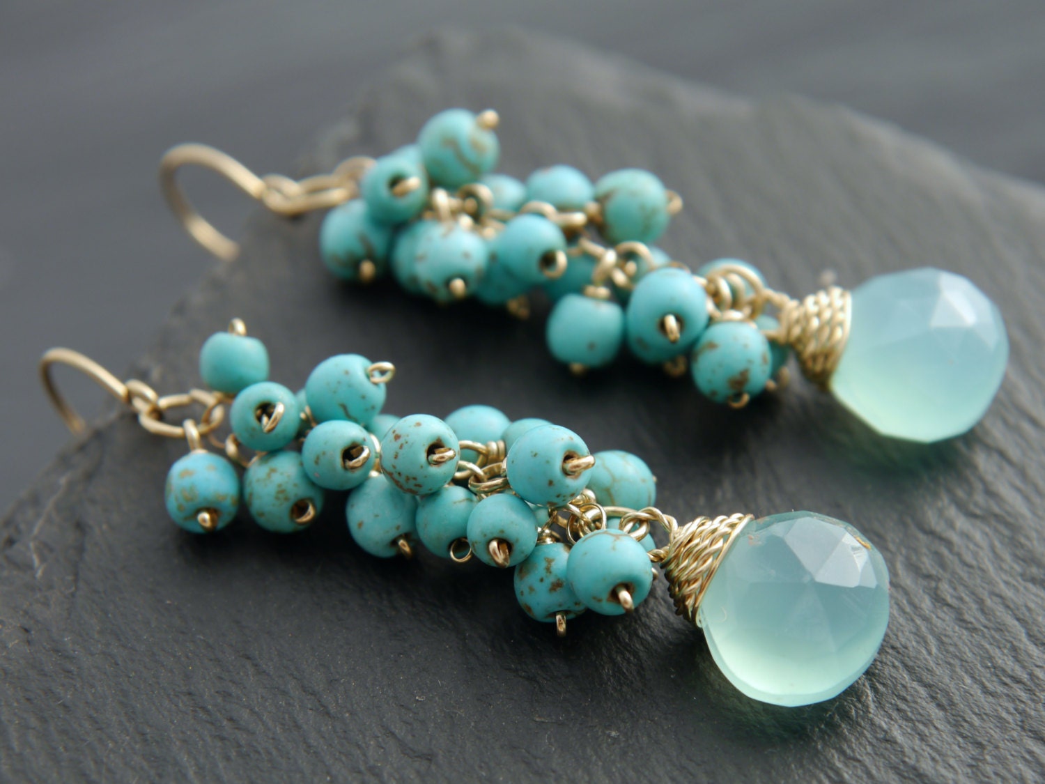 Aqua Chalcedony Turquoise Cluster Dangle Gemstone Earrings, 14K Gold Filled