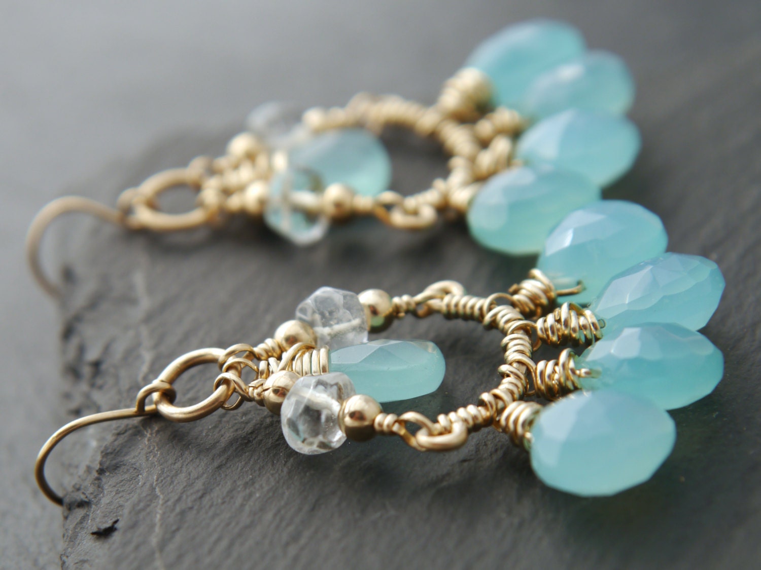 Aqua Chalcedony Heart Chandelier Gemstone Earrings, 14K Gold Filled Something Blue