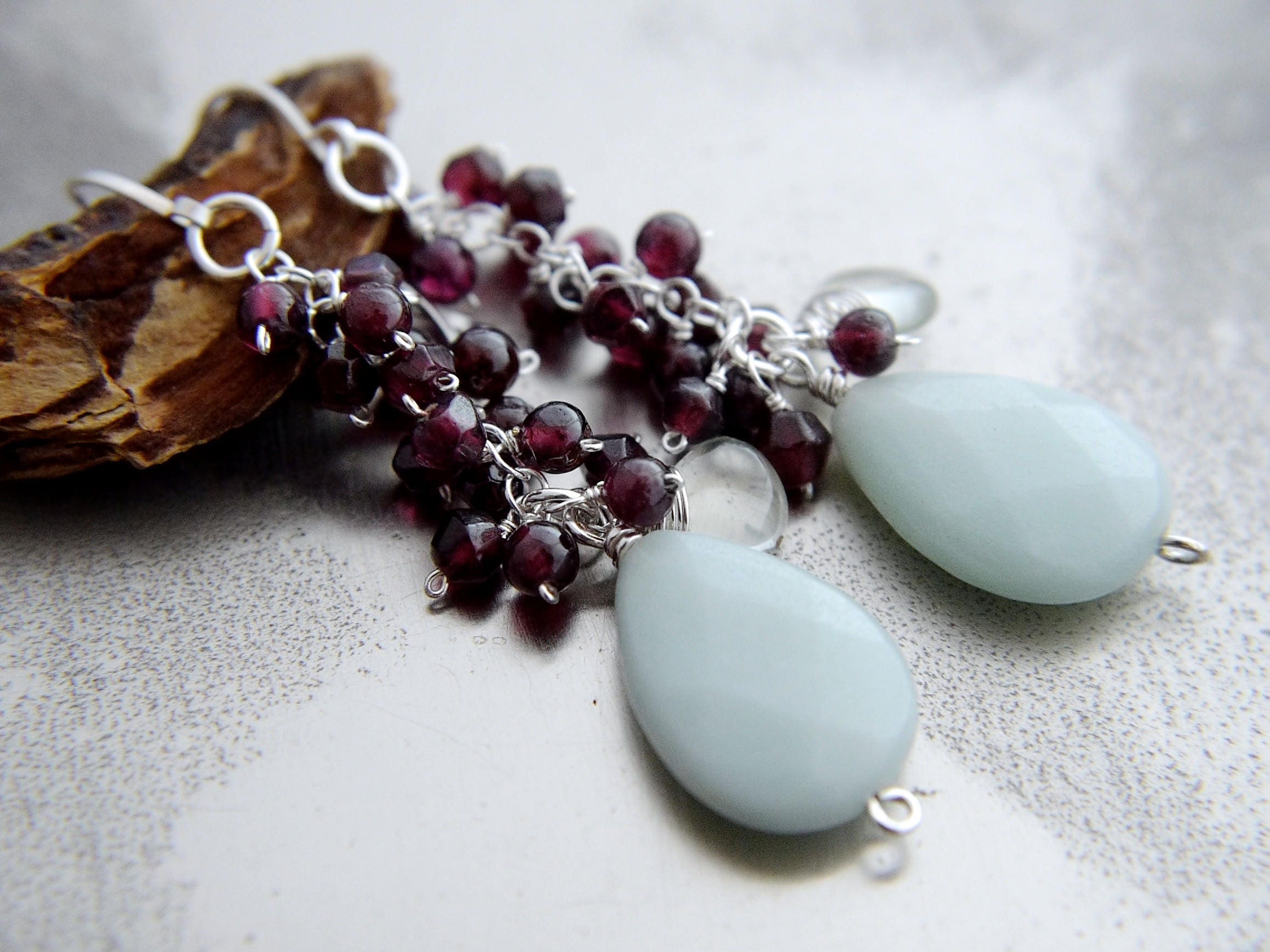 Amazonite Garnet Cluster Long Dangle Gemstone Earrings, Sterling Silver, Bohemian Style