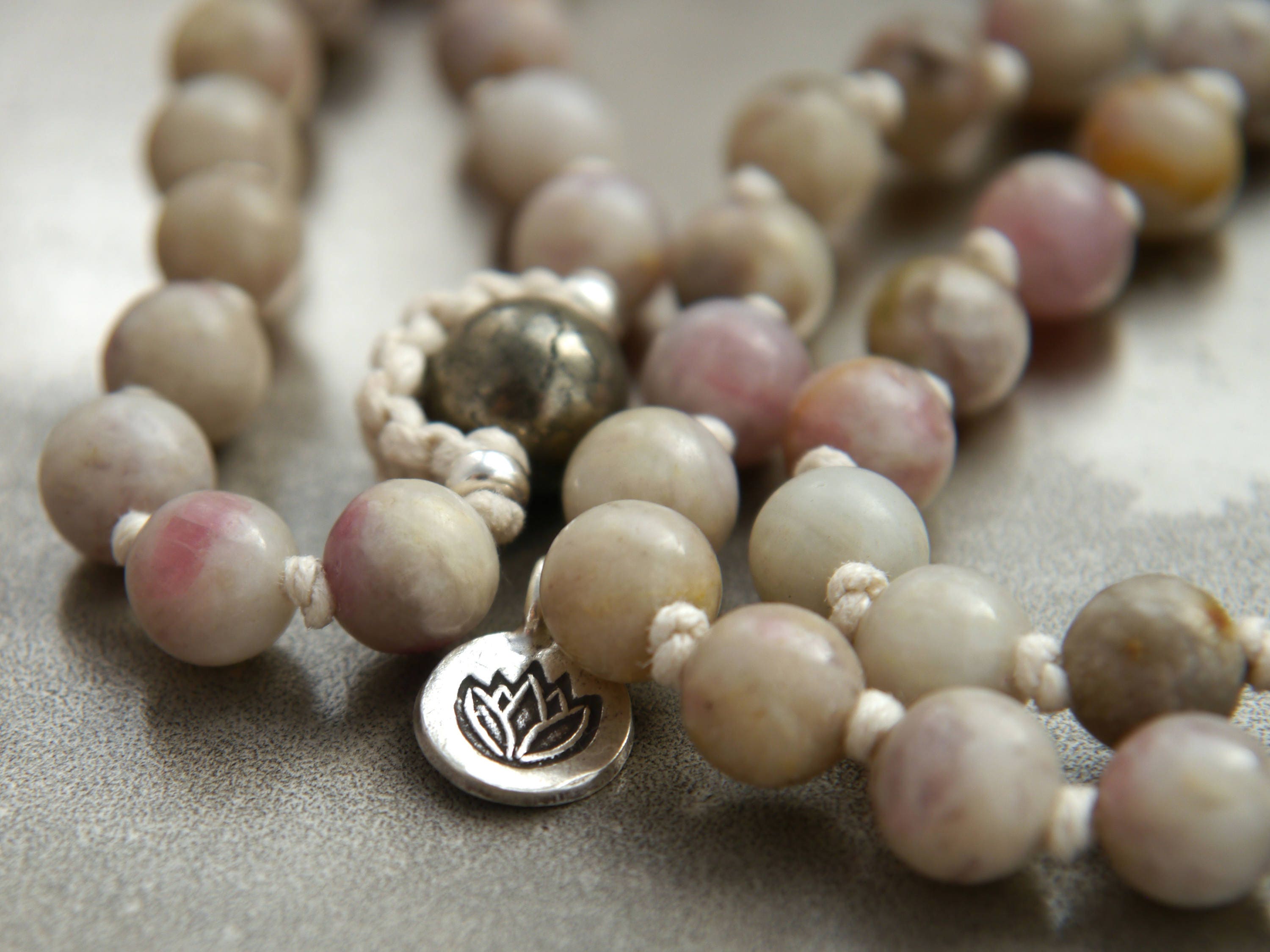 Lilac Stone 108 Mala Bead , Wrap, Hand Knotted Tibetan Prayer Beads