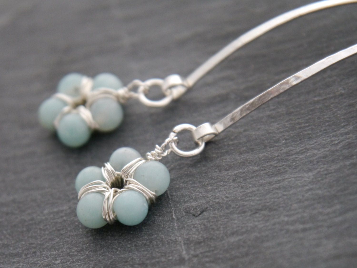 Aqua Amazonite Long Floral Hoop Gemstone Earrings, Sterling Silver Nature Inspired