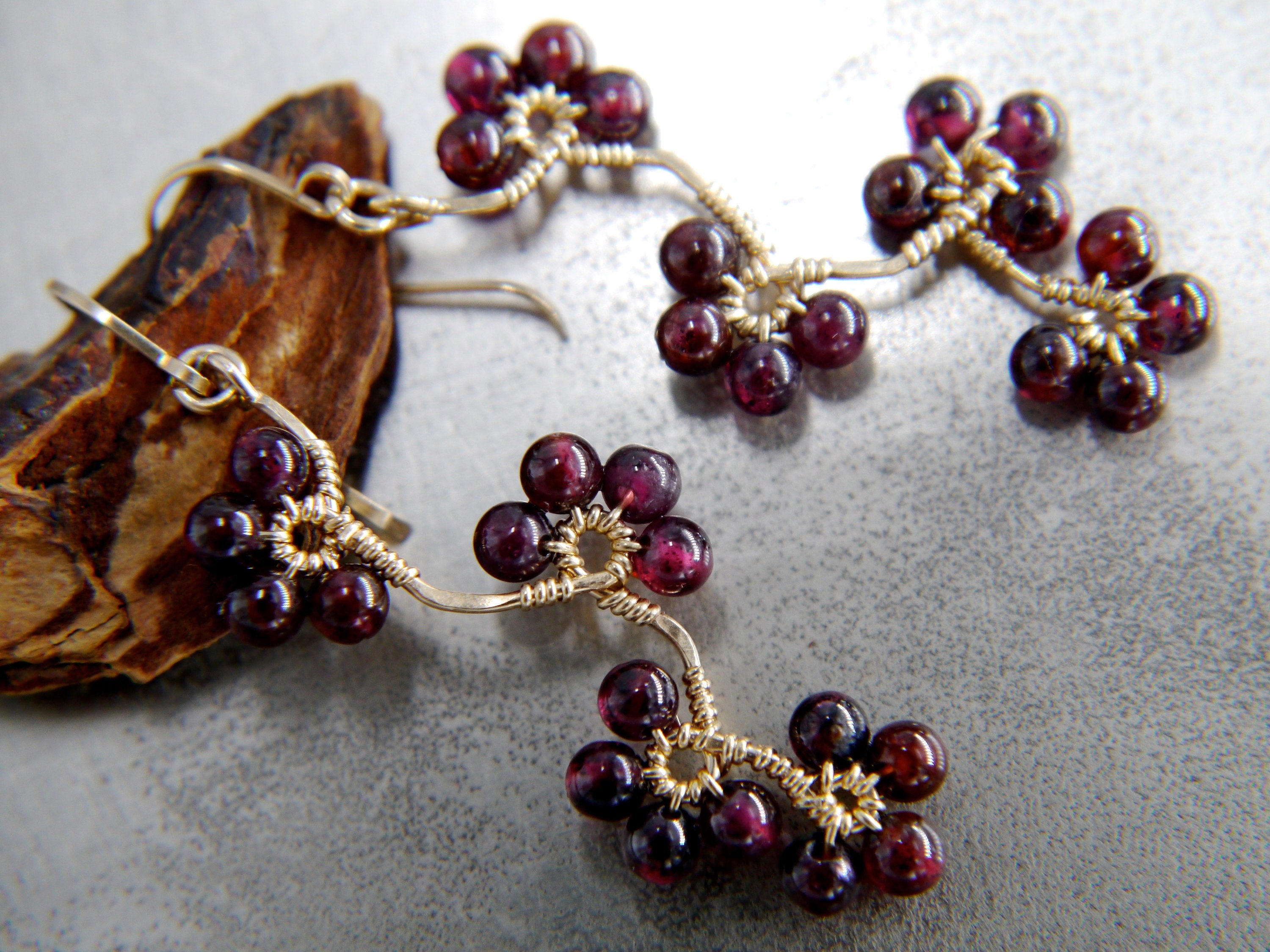 Garnet Floral Dangle Gemstone Earrings, 14K Gold Filled Artisan Heirloom