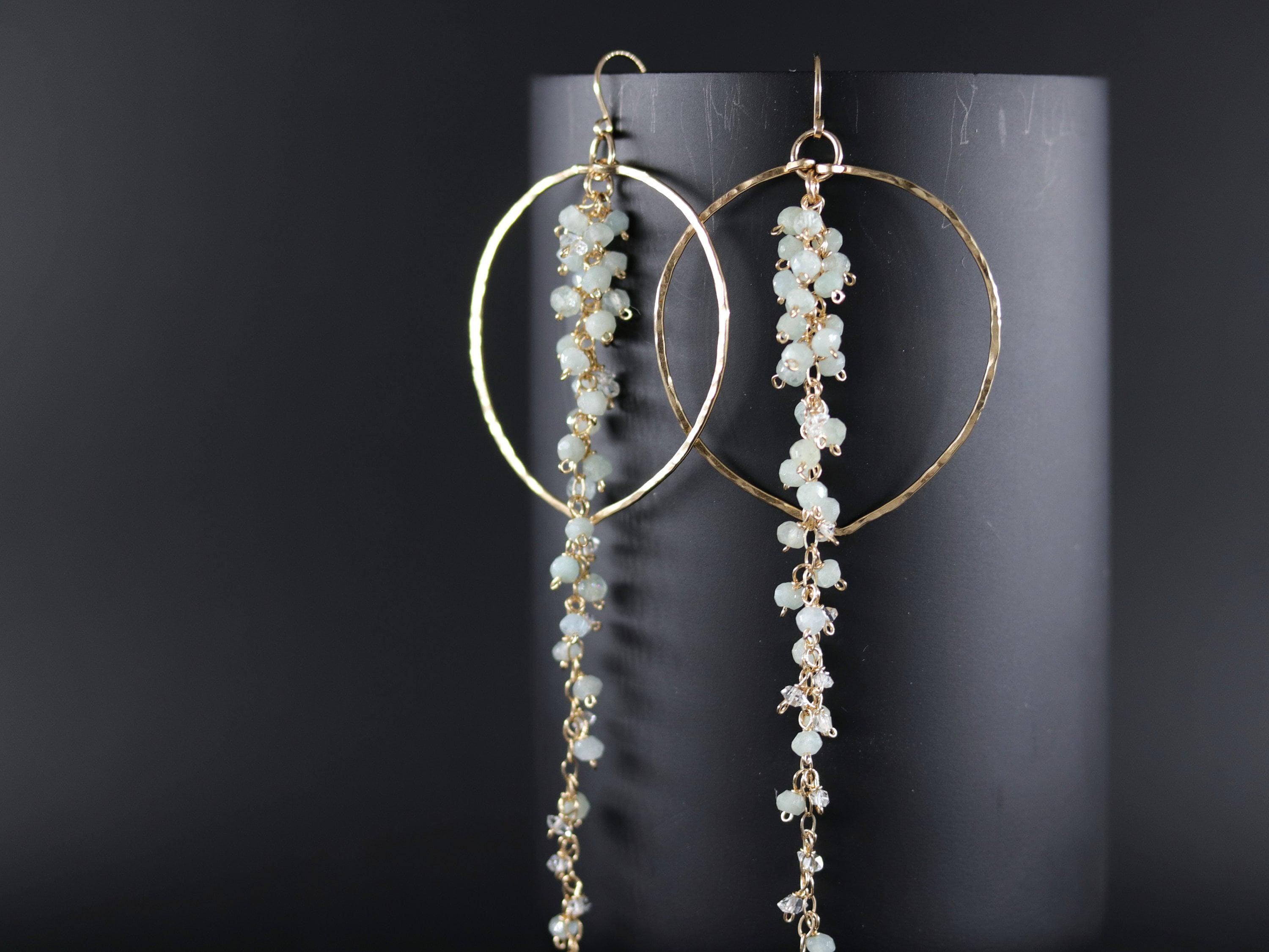 Aquamarine Herkimer Vine Tassel Earrings, 14K Gold Filled Waterfall Duster, Statement Jewelry