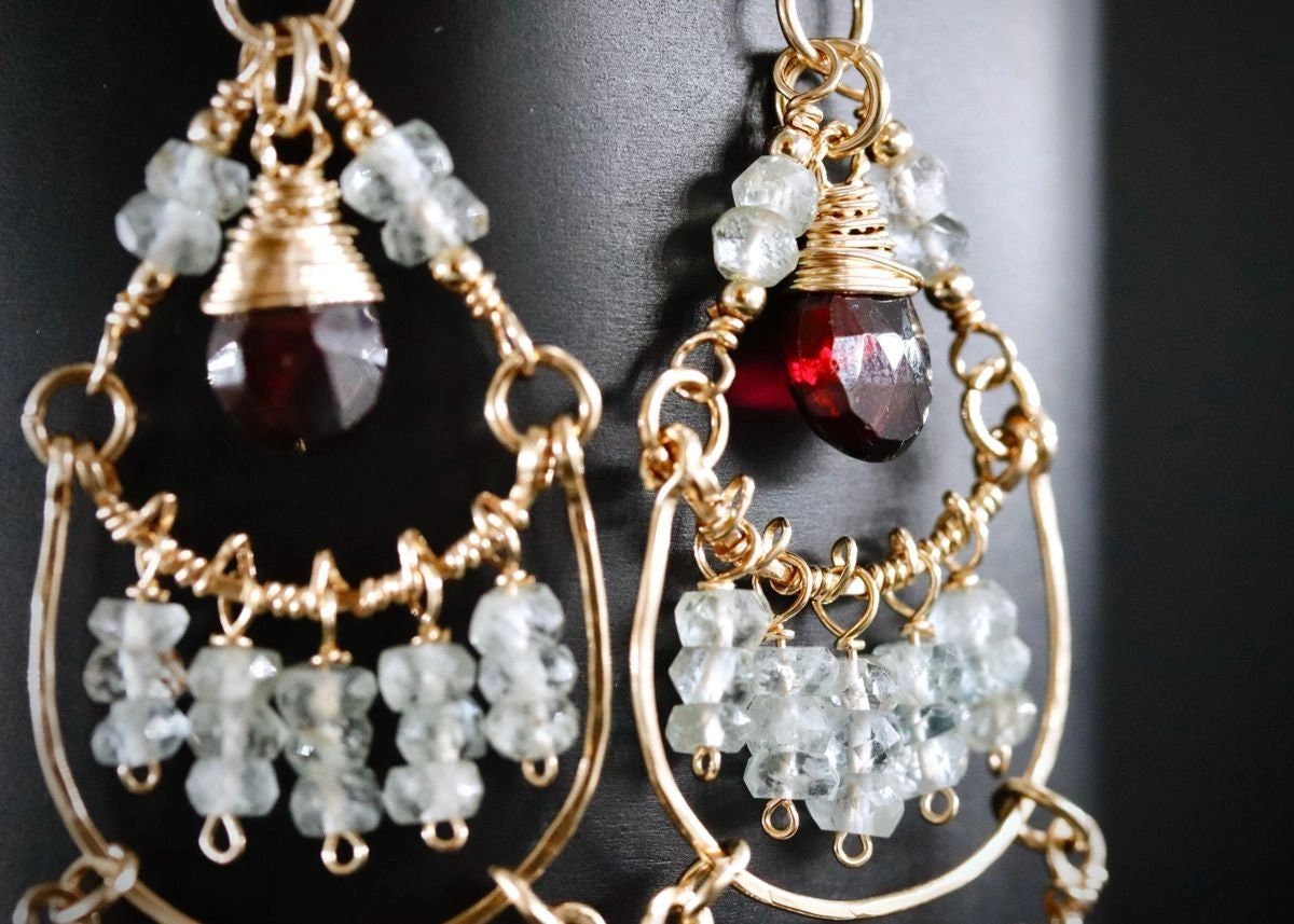 Garnet Aquamarine Fringe Chandelier Gemstone Earrings, 14K Gold Filled Bohemian Jewelry