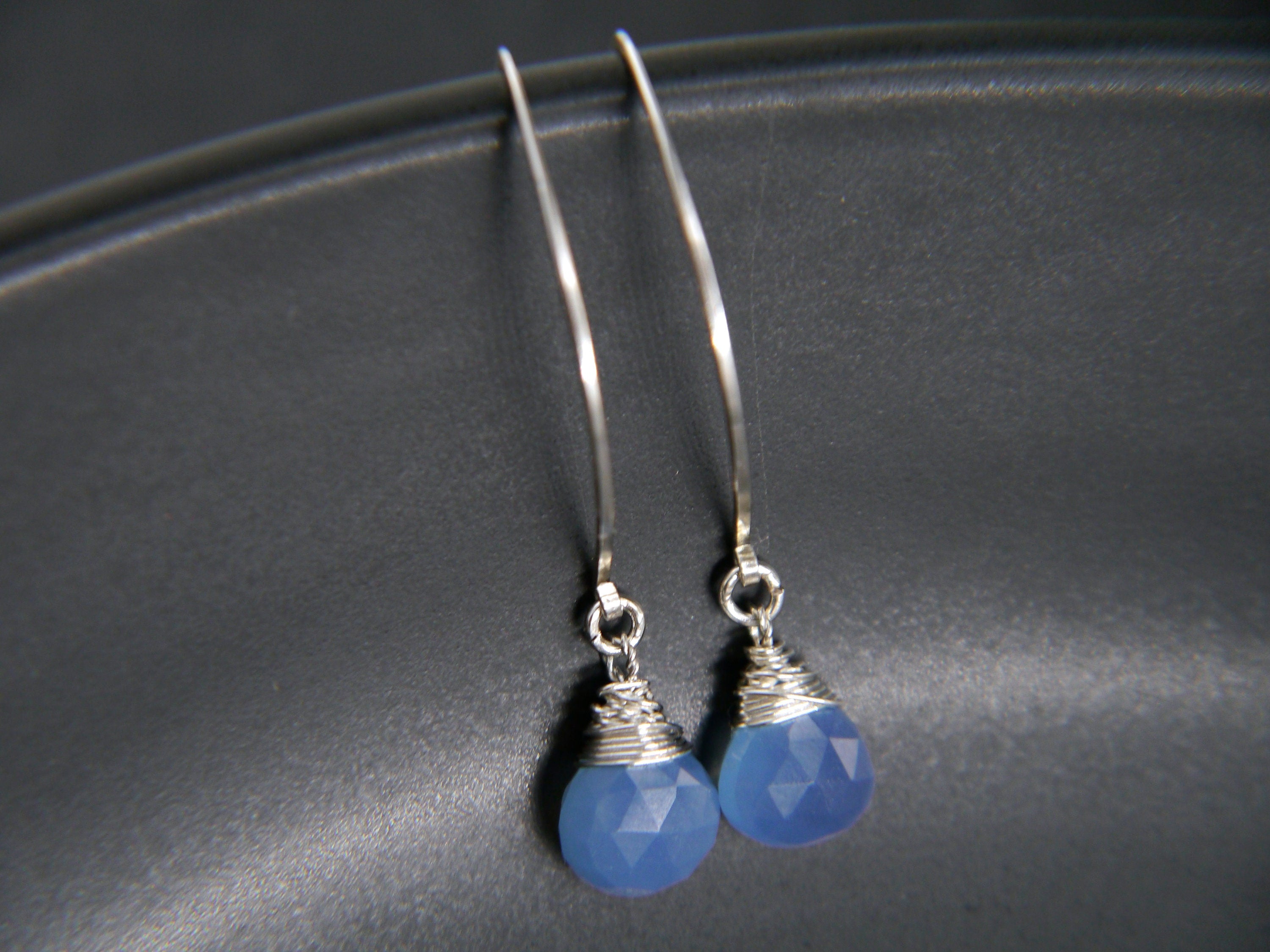Aqua Chalcedony Long Hoop Dangle Gemstone Earrings, Sterling Silver