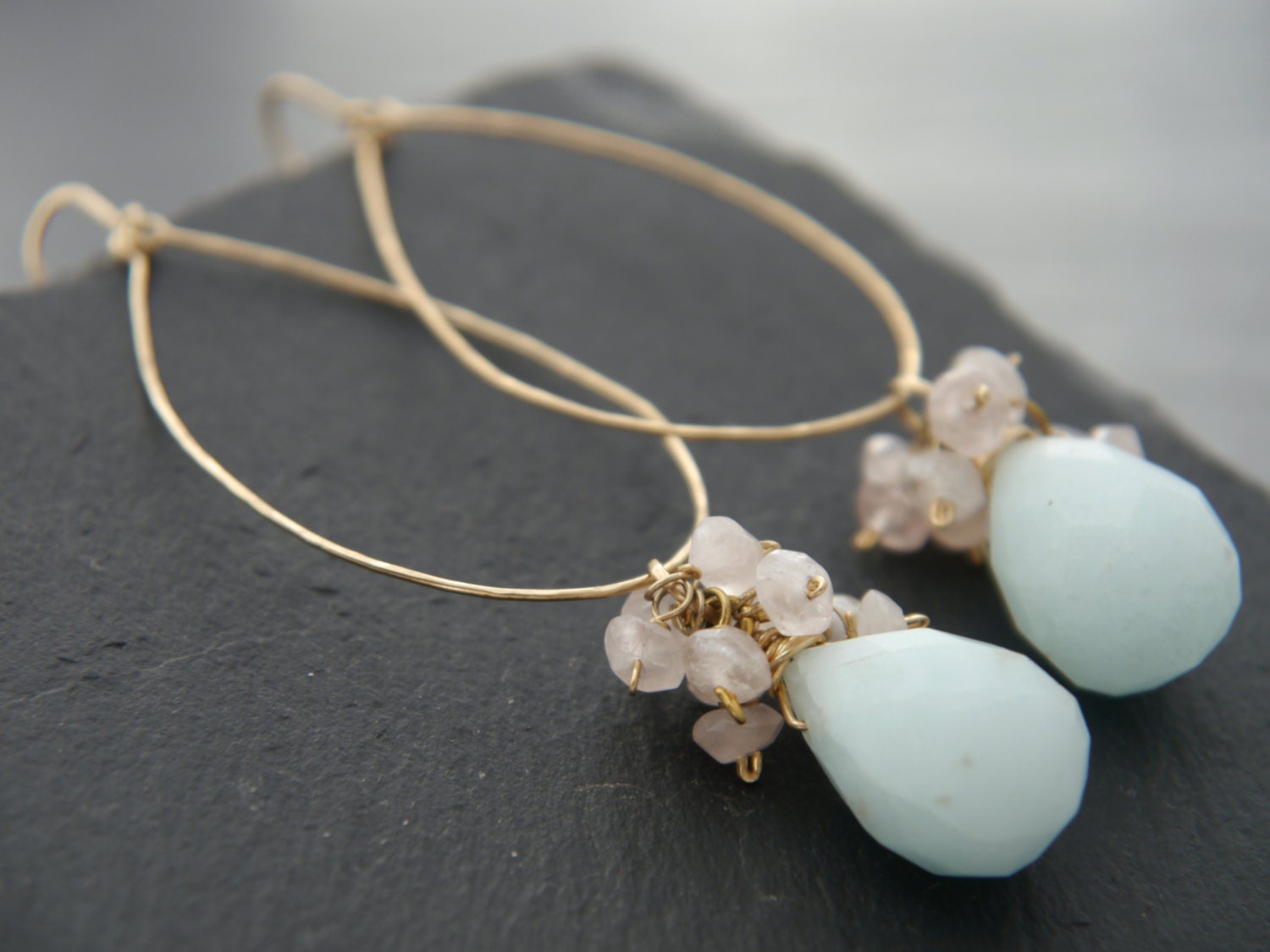 Pink Rose Quartz Cluster Amazonite Hoop Floral Gemstone Earrings, 14K Gold Filled