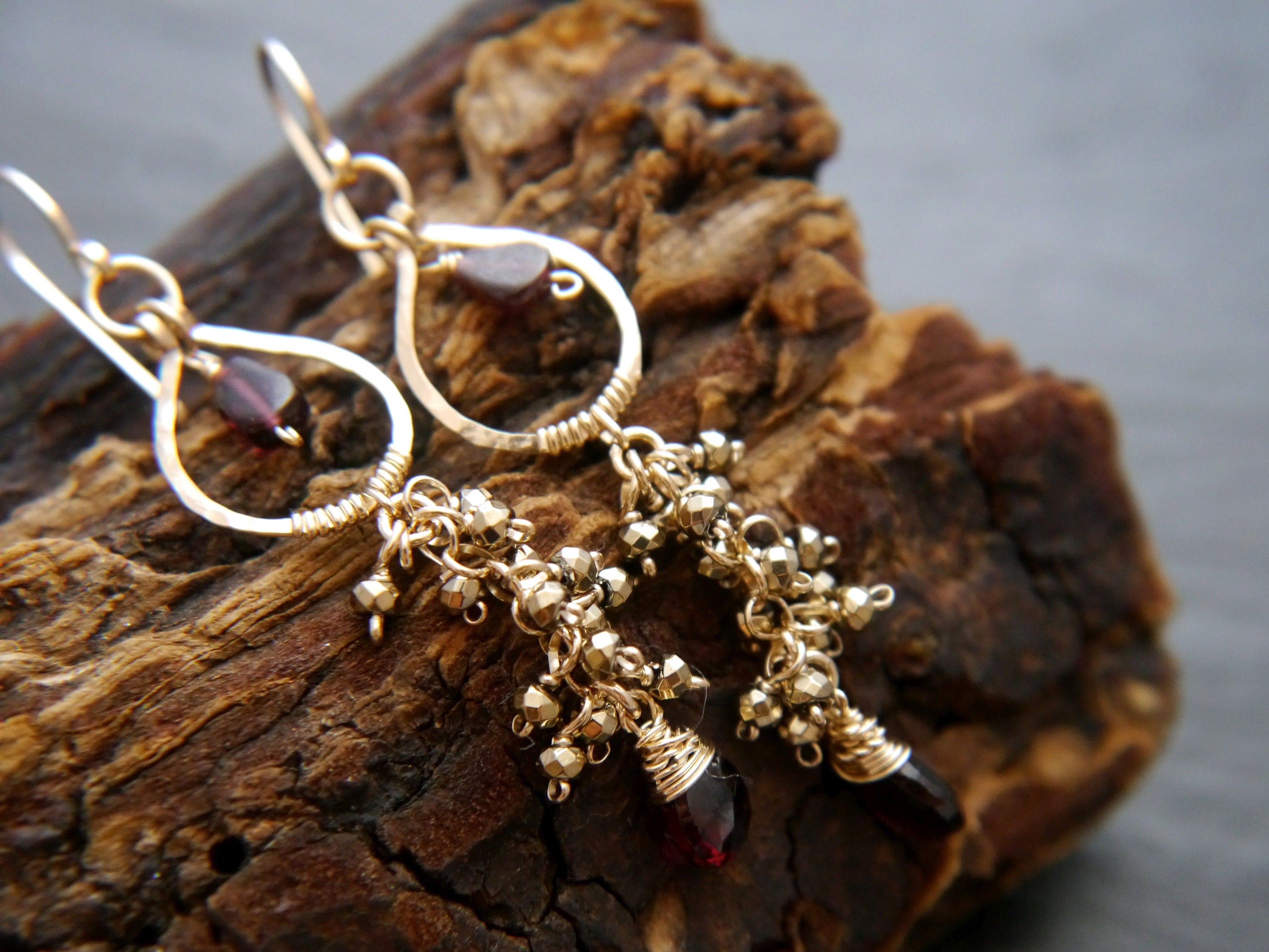 Garnet Chandelier Floral Gemstone Earrings, 14K Gold Filled Bohemian Style