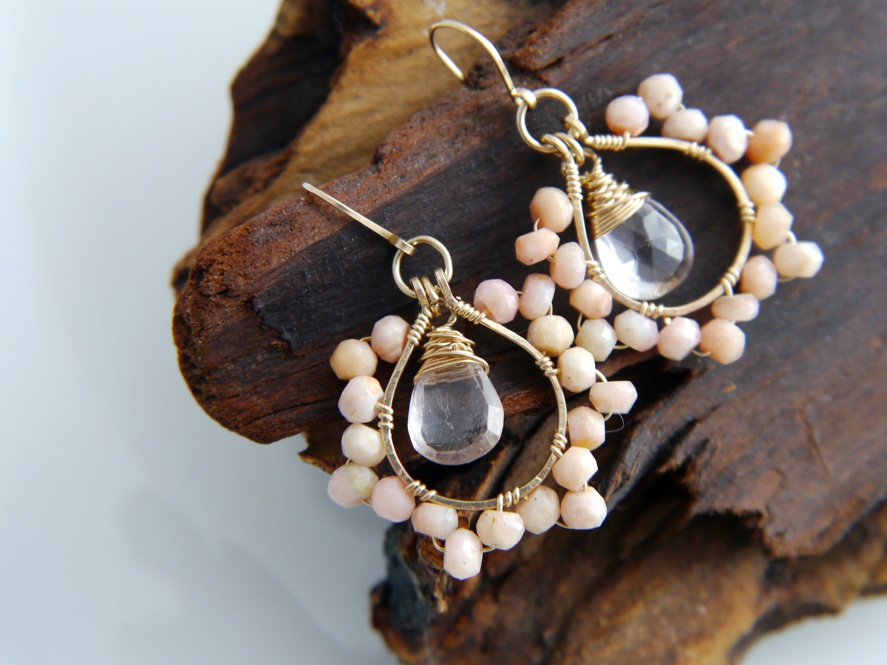 Pink Opal Teardrop Floral Gemstone Earrings, 14K Gold Filled Garden Wedding