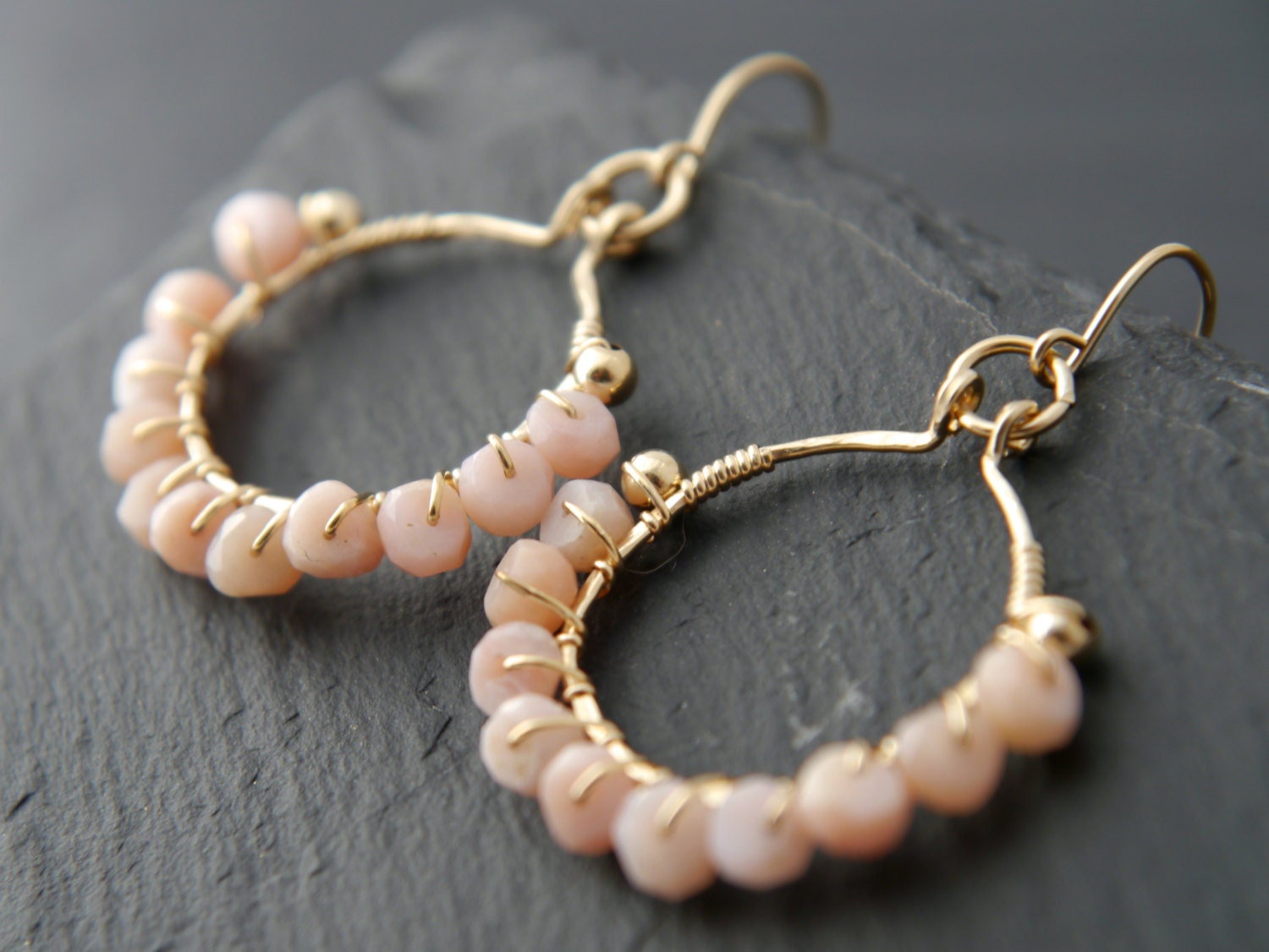 Pink Opal Floral Hoop Gemstone Earrings, 14K Gold Filled Spring Wedding