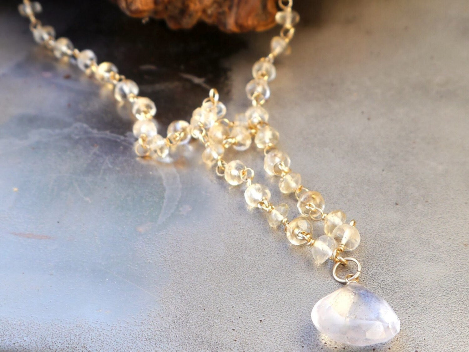 Citrine Rosary Chain  Pendant Gemstone Necklace, 14K Gold Filled, Bohemian Wedding