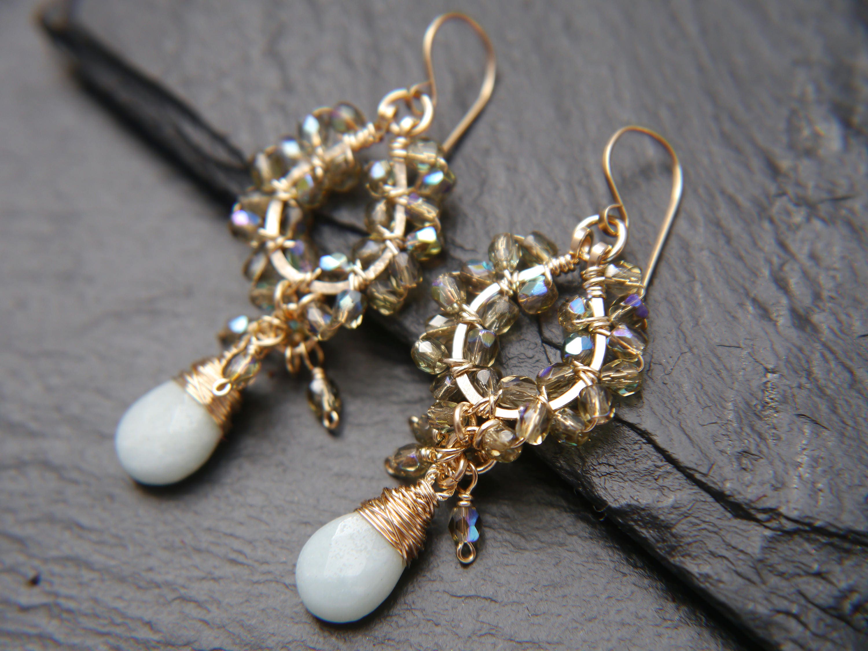 Aquamarine Tortoiseshell Chandelier Gemstone Earrings, 14K Gold Filled Boho