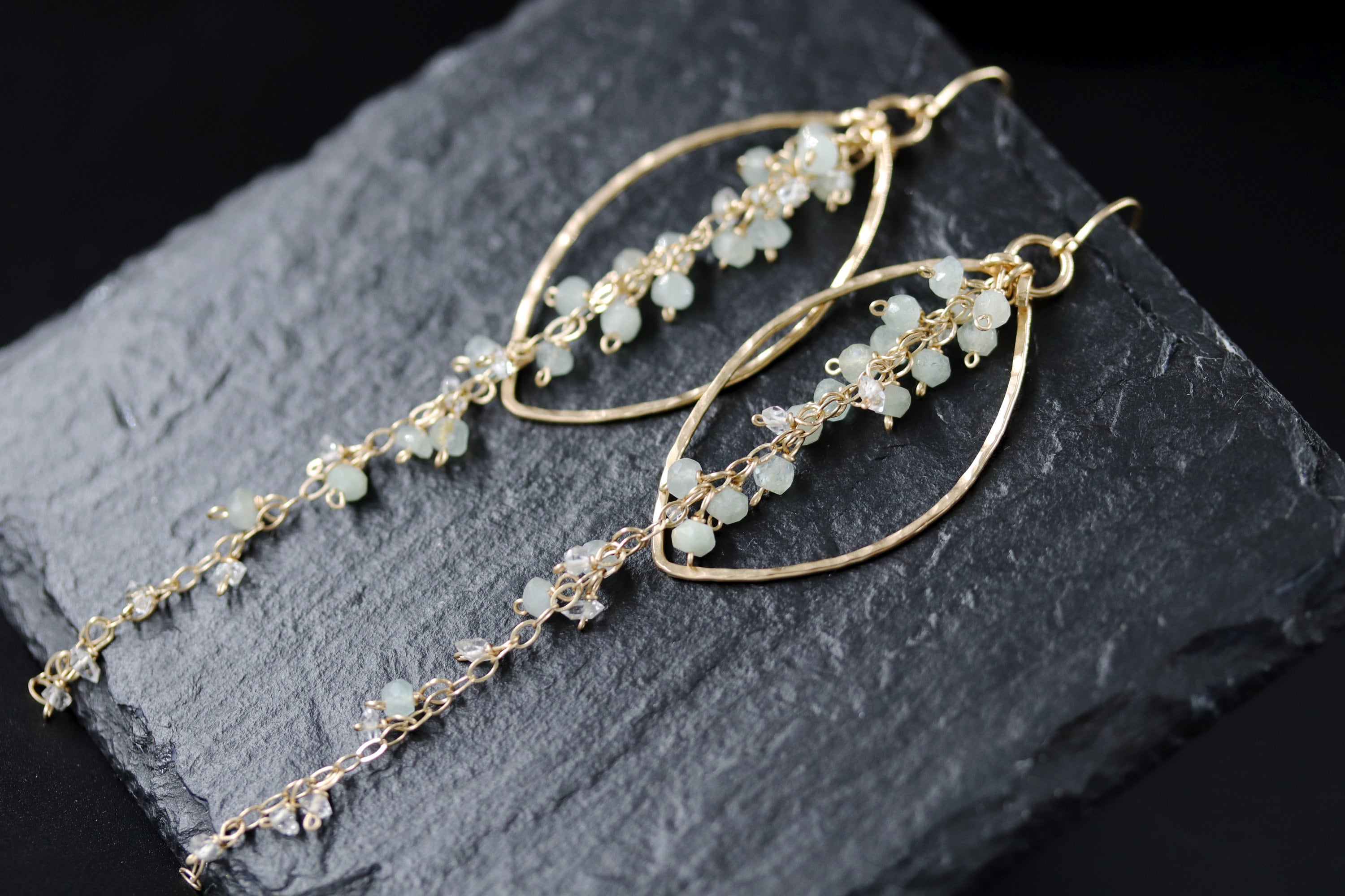 Aquamarine Fringe Chandelier Earrings, 14K Gold Filled Boho Dangle, Wedding Jewelry
