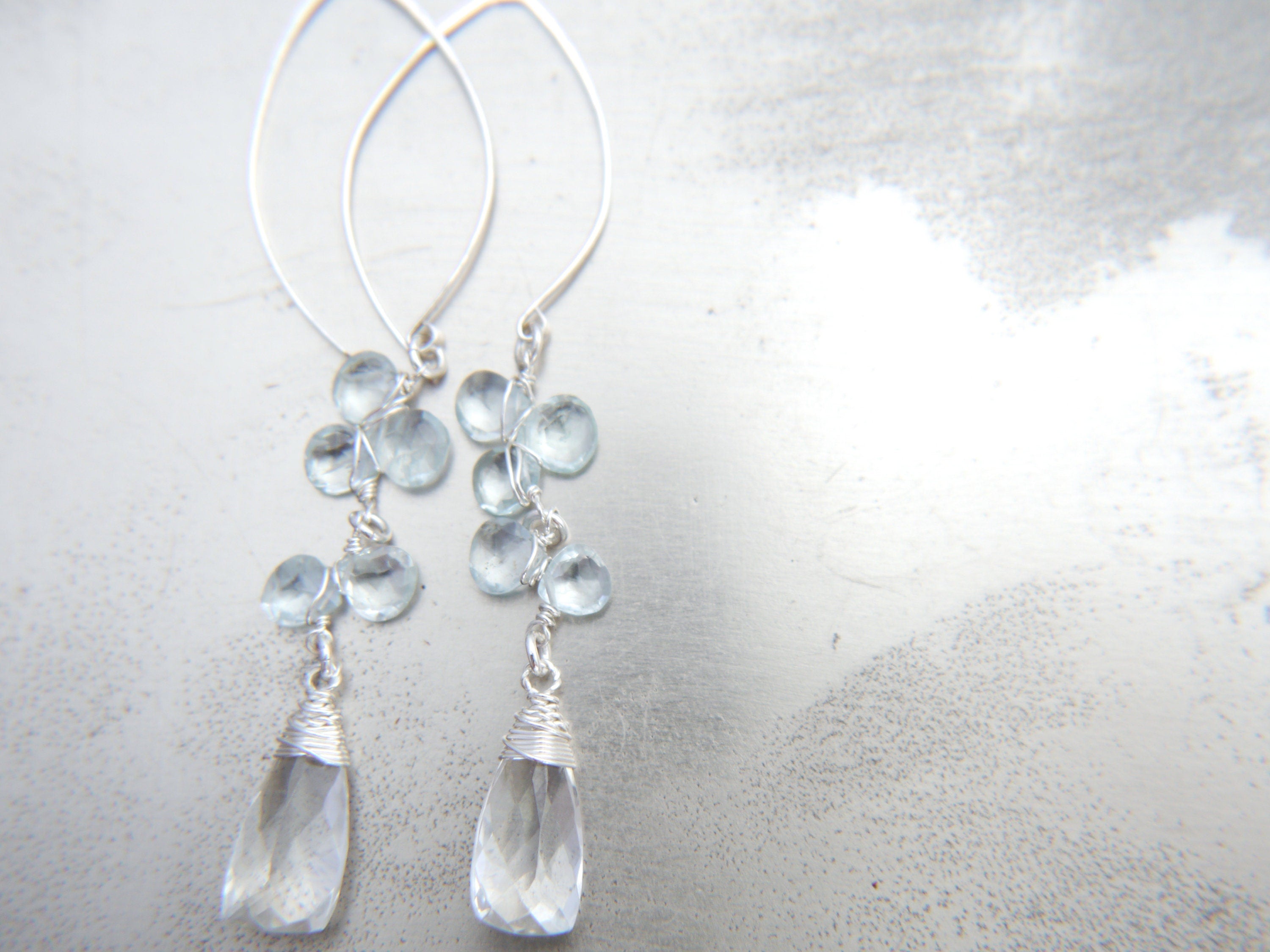 Aquamarine Quartz Trillion Hoop Gemstone Earrings, Sterling Silver, Garden Wedding