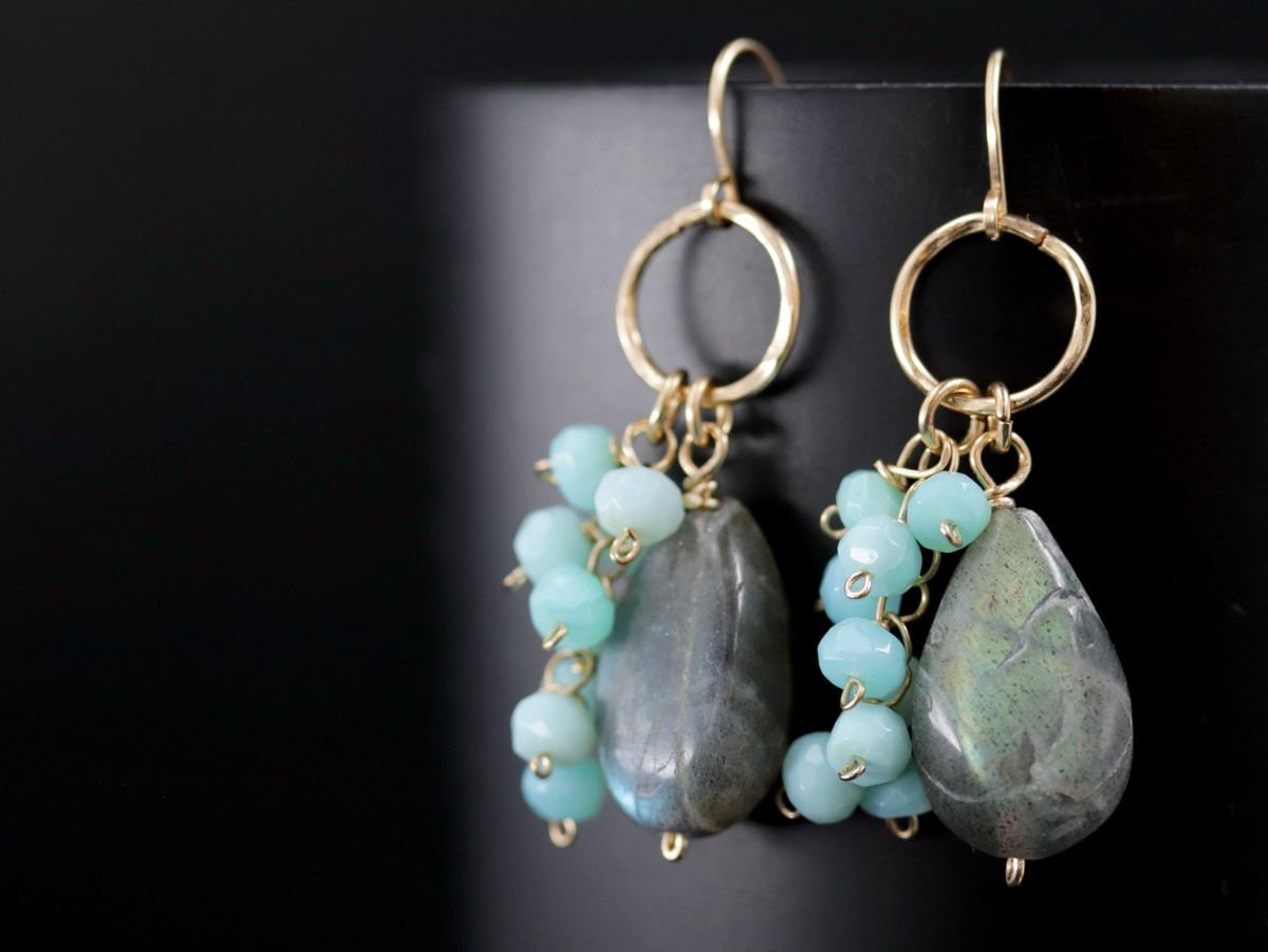 Labradorite Blue Opal Dangle Gemstone Earrings, 14K Gold Filled Celestial Style