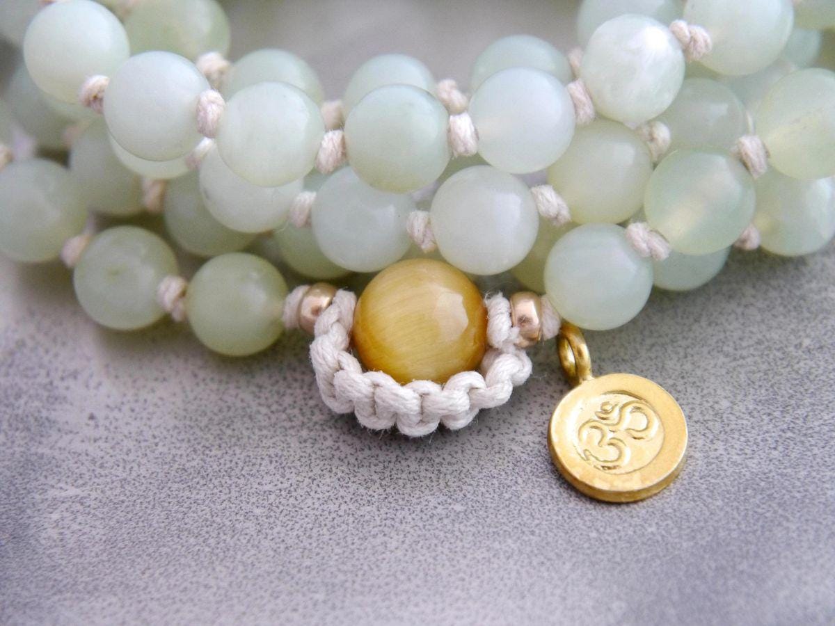 Sea Green Serpentine Mala Beads, 108 Gemstone Beads, Wrap, Hand Knotted