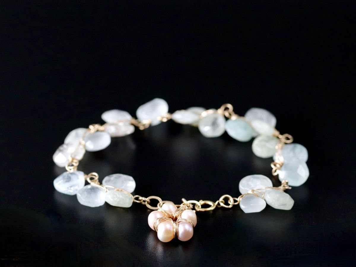 14K Gold Filled Aquamarine Pearl Gemstone Bracelet, March Birthstone Bridal Jewelry