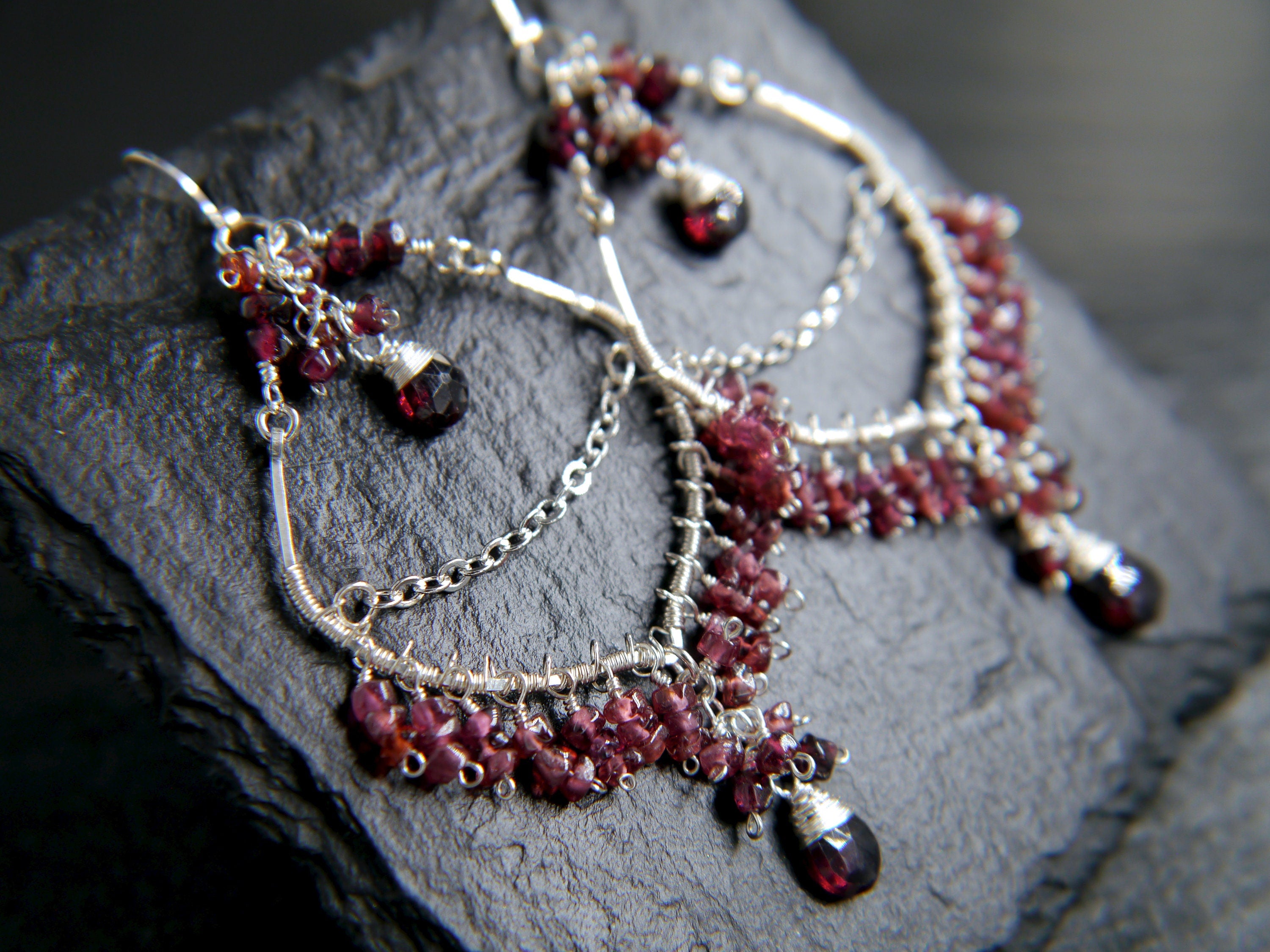 Garnet Chandelier Fringe Gemstone Earrings, Sterling Silver, Bohemian Style