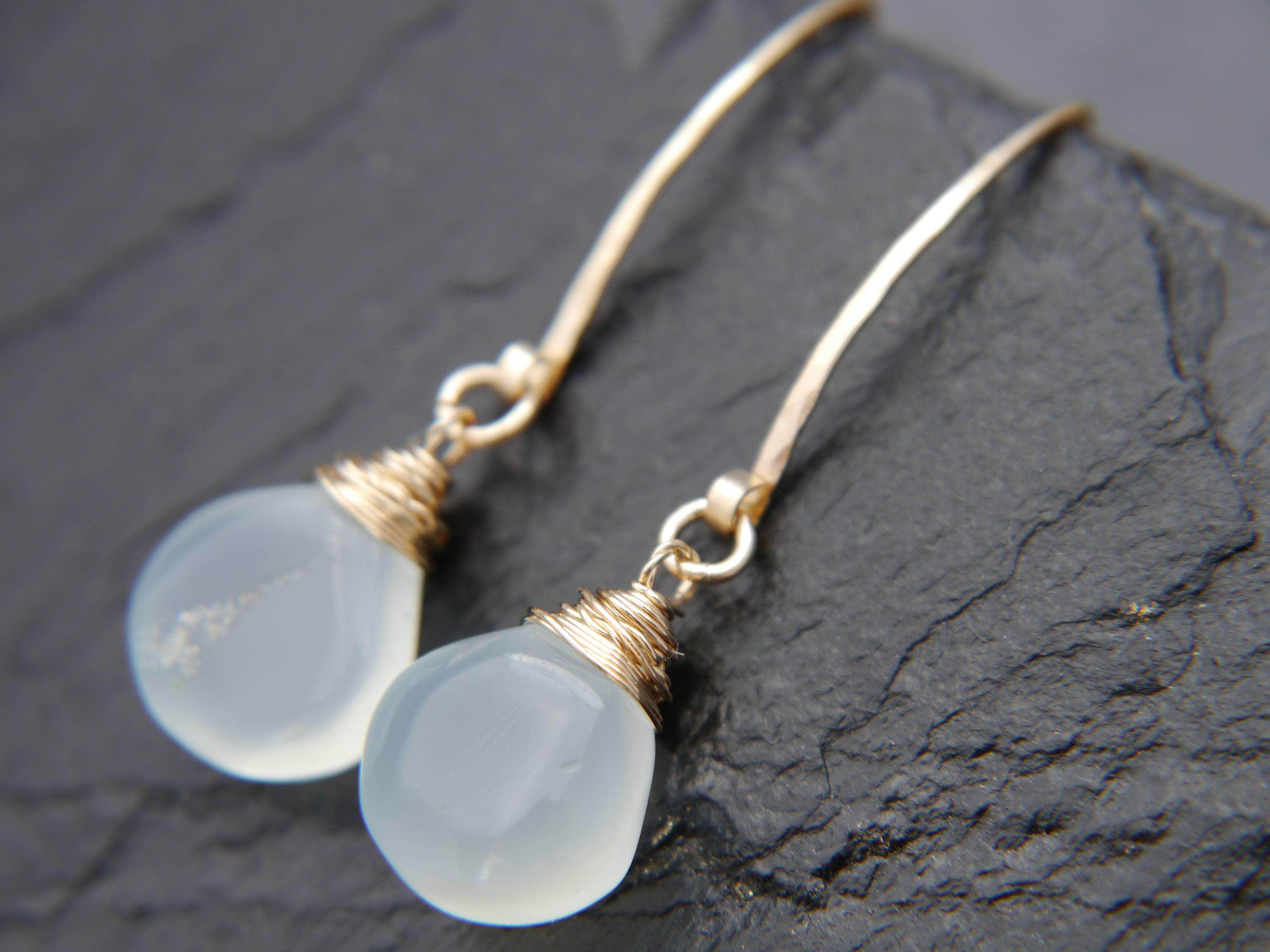 Aqua Chalcedony Heart Briolette Gemstone Earrings, 14K Gold Filled Hoops Dainty