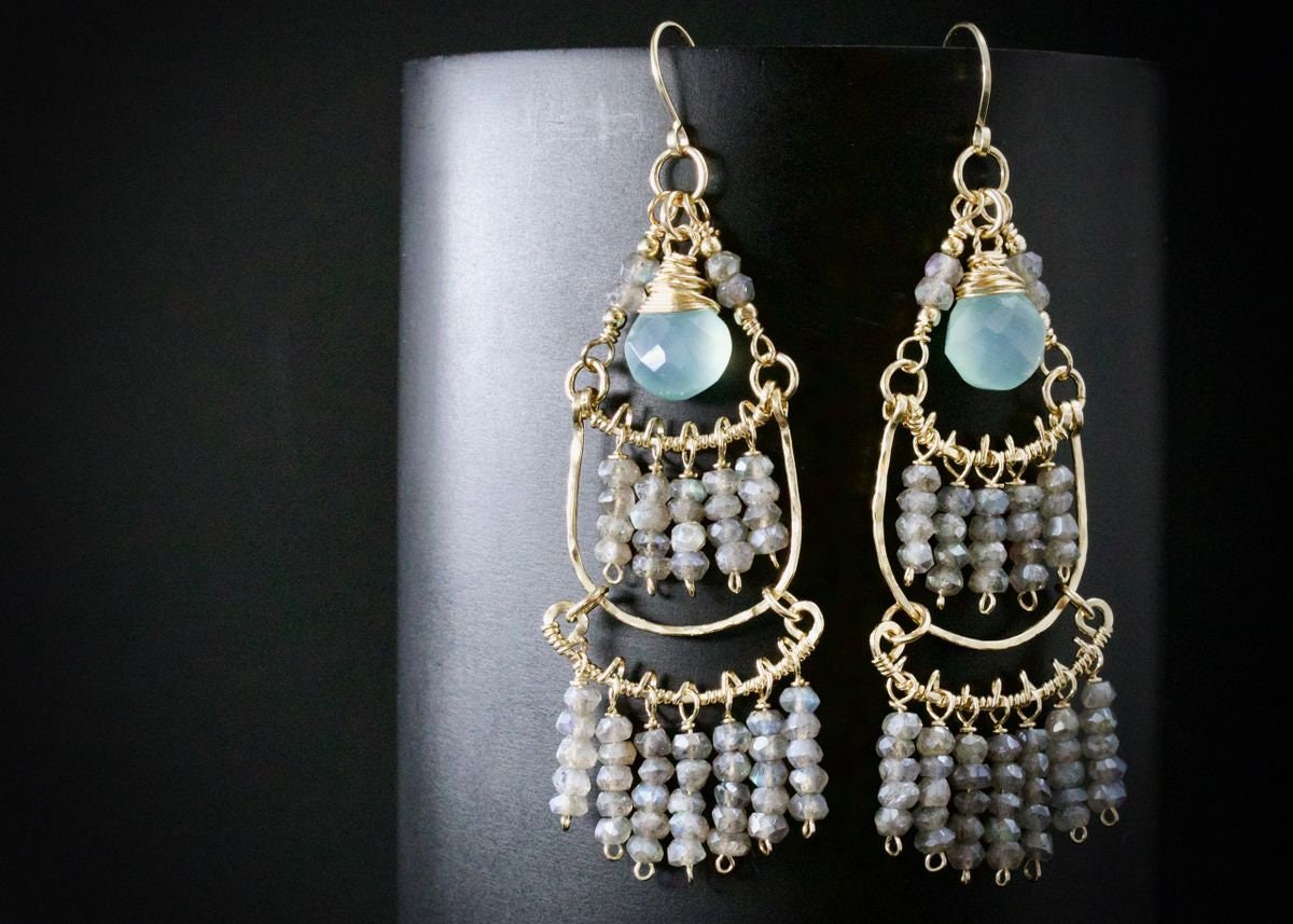 Aqua Chalcedony Labradorite Chandelier Gemstone Earrings, 14K Gold Filled Bohemian Wedding Jewelry