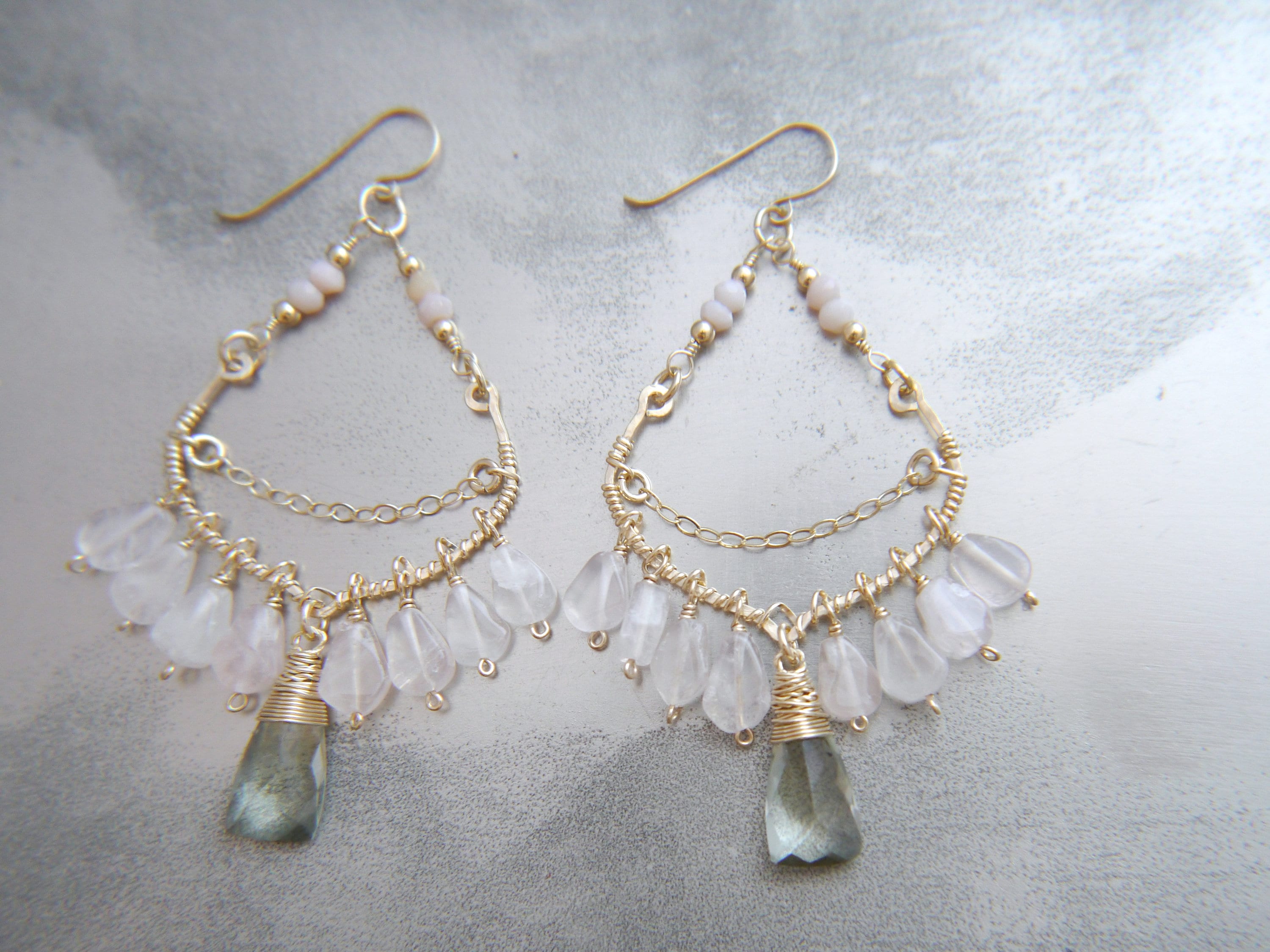 Pink Rose Quartz Bohemian Chandelier Fringe Gemstone Earrings, 14K Gold Filled Boho
