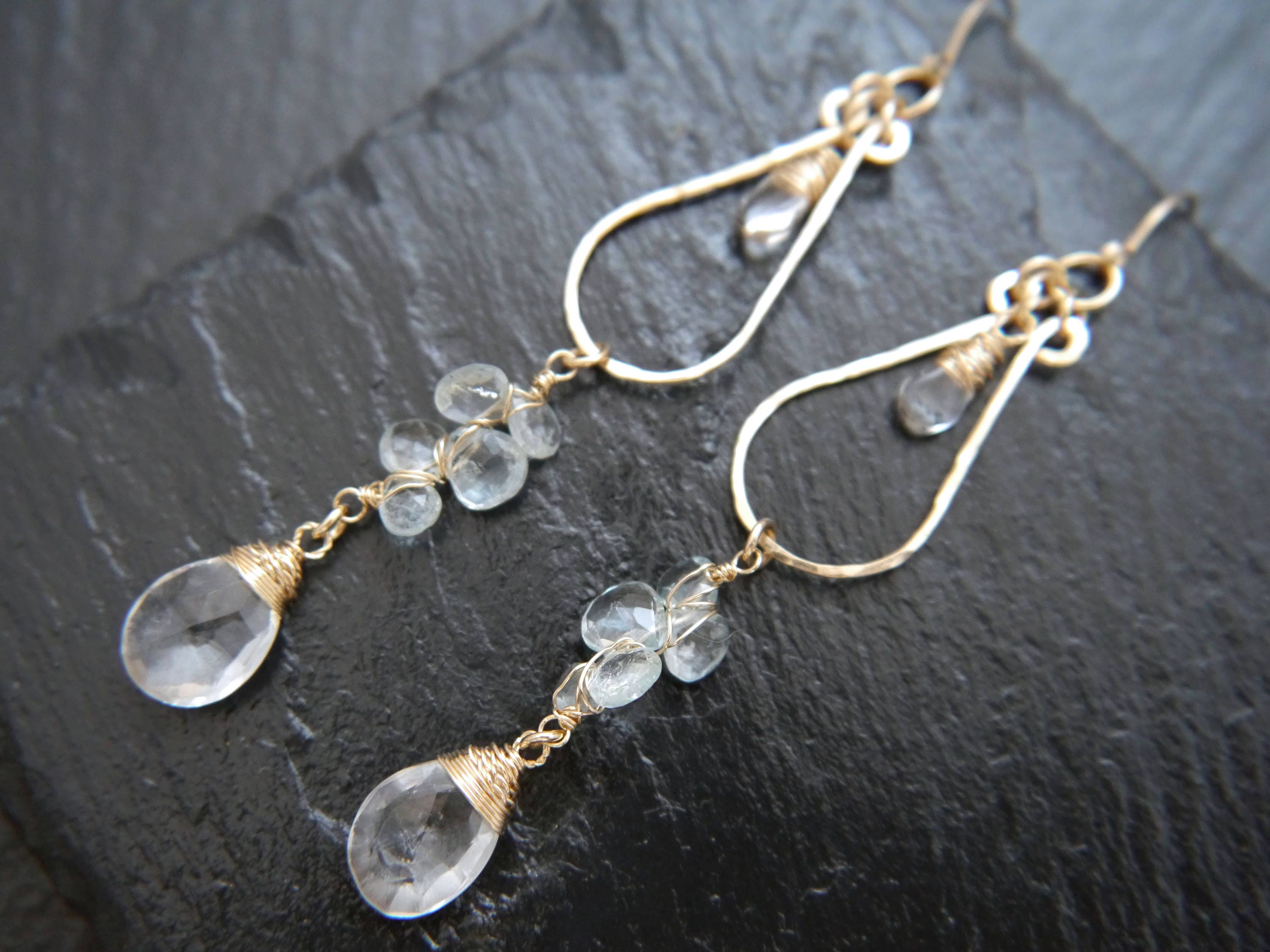 Aquamarine Chandelier Floral Long Dangle Gemstone Earrings, 14K Gold Filled Bridal