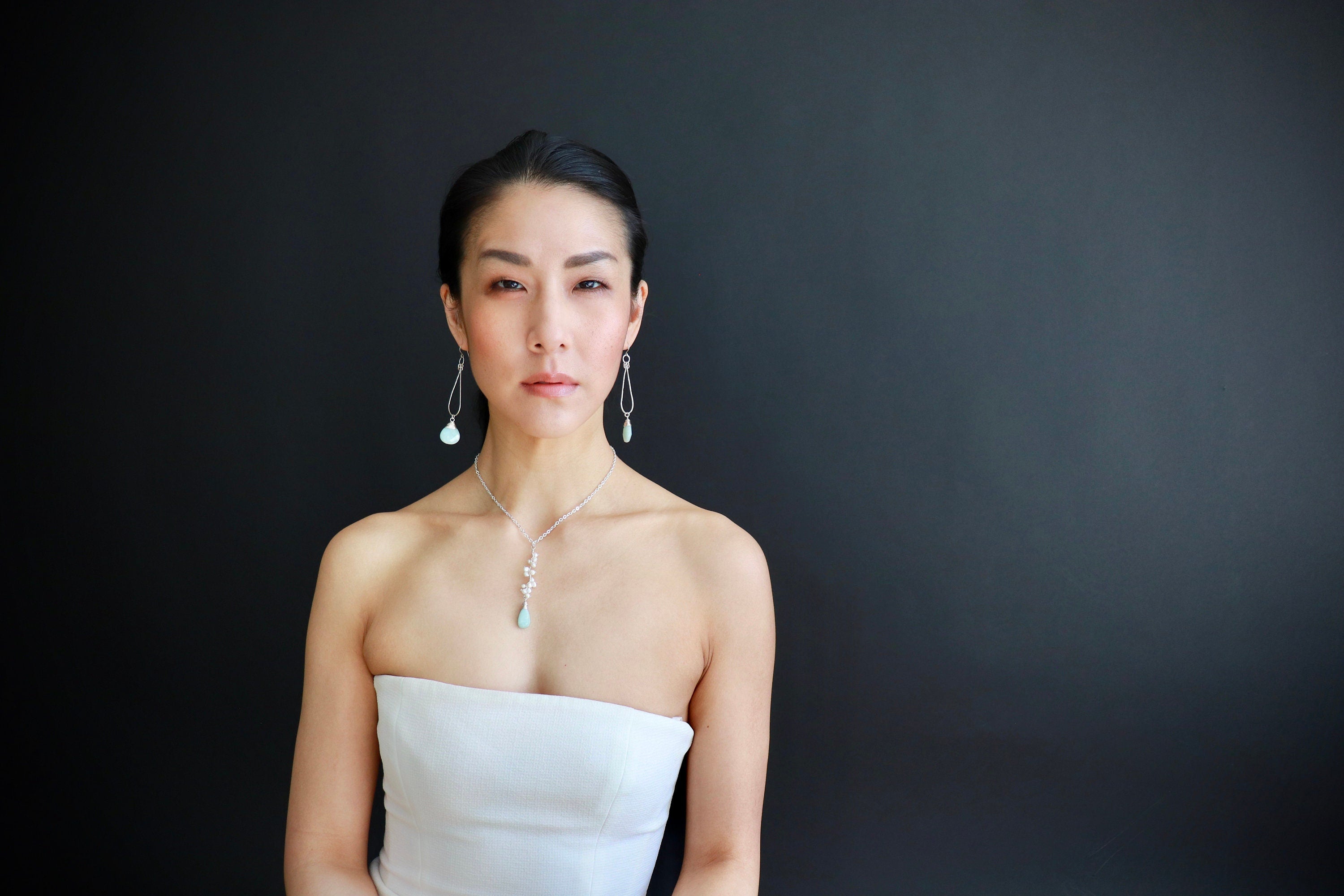 Aqua Amazonite Long Teardrop Hoop Gemstone Earrings, Sterling Silver