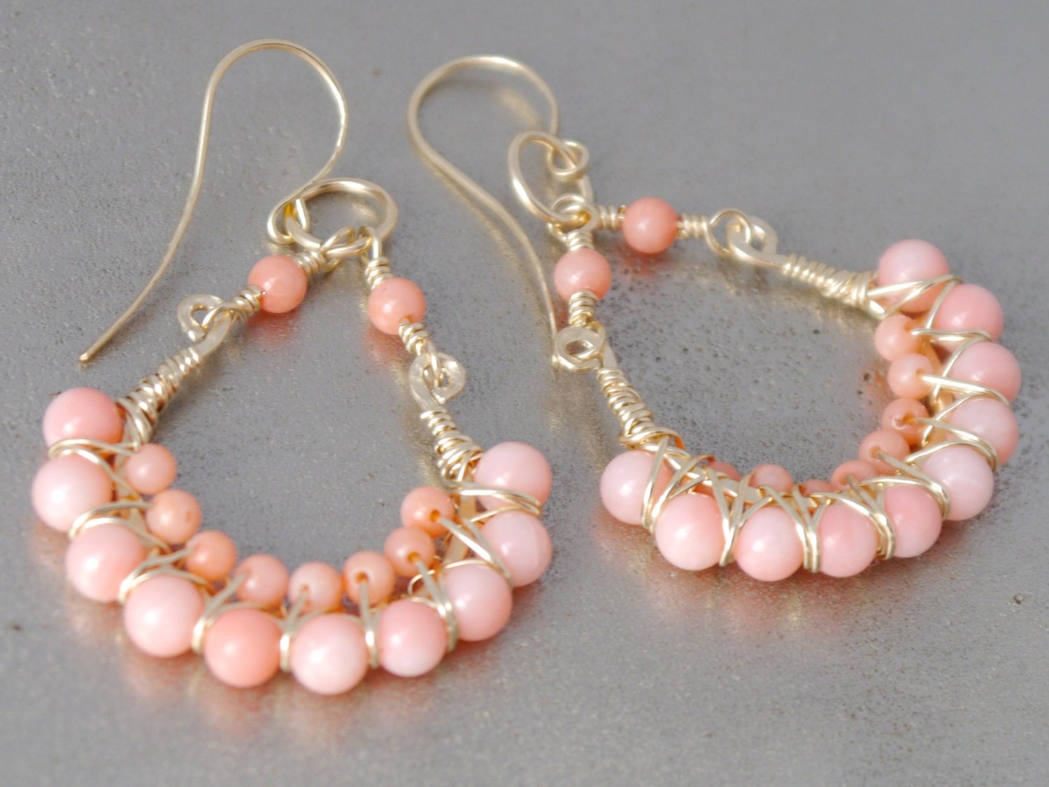 Pink Coral Chandelier Gemstone Earrings, 14K Gold Filled Bohemian Style