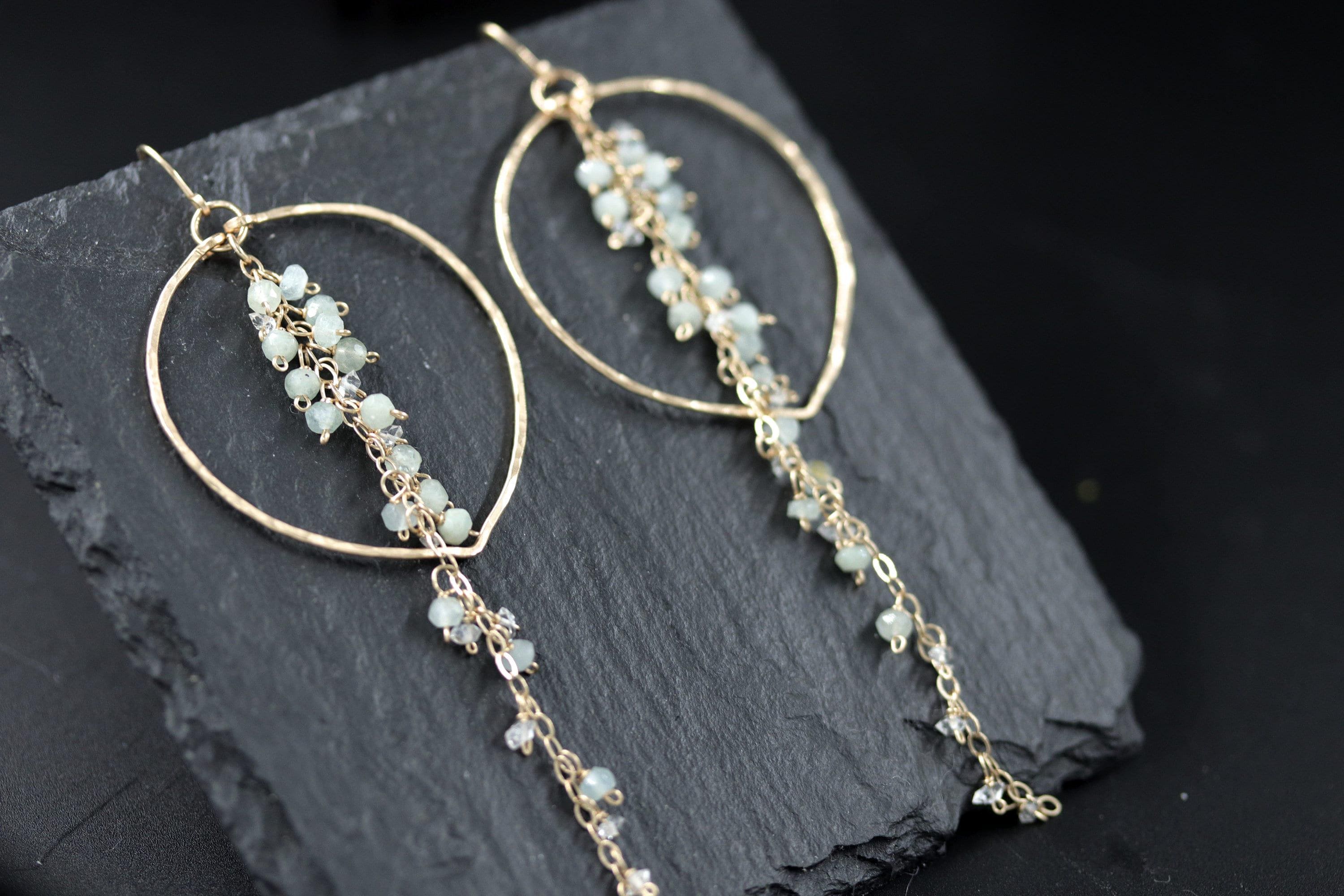 Aquamarine Herkimer Vine Tassel Earrings, 14K Gold Filled Waterfall Duster, Statement Jewelry