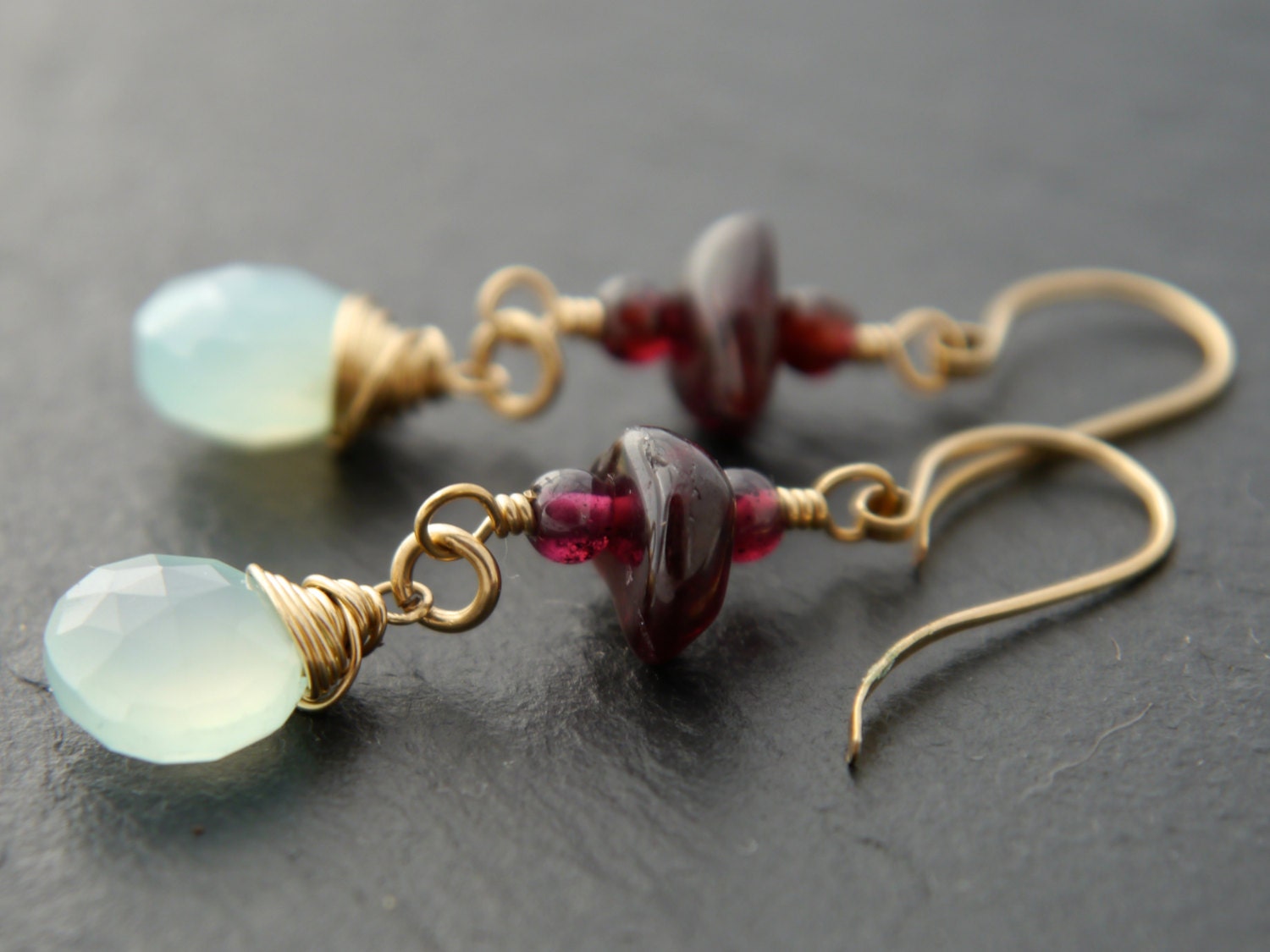 Aqua Chalcedony Heart Briolette Garnet, Gemstone Earrings, 14K Gold Filled Bohemian Jewelry