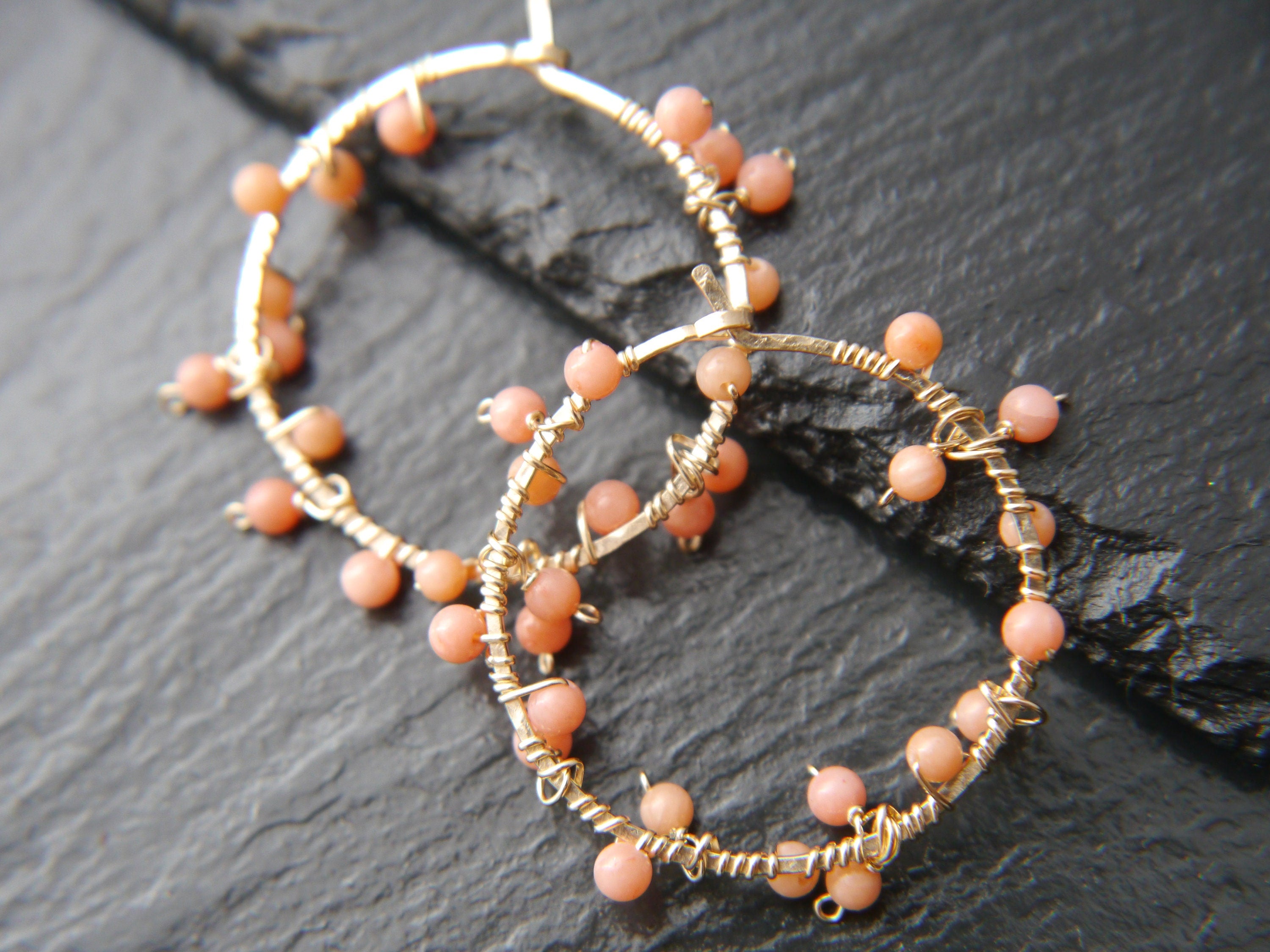 Coral Hoop Gemstone Earrings, 14K Gold Filled Garland Floral  Bohemian Style
