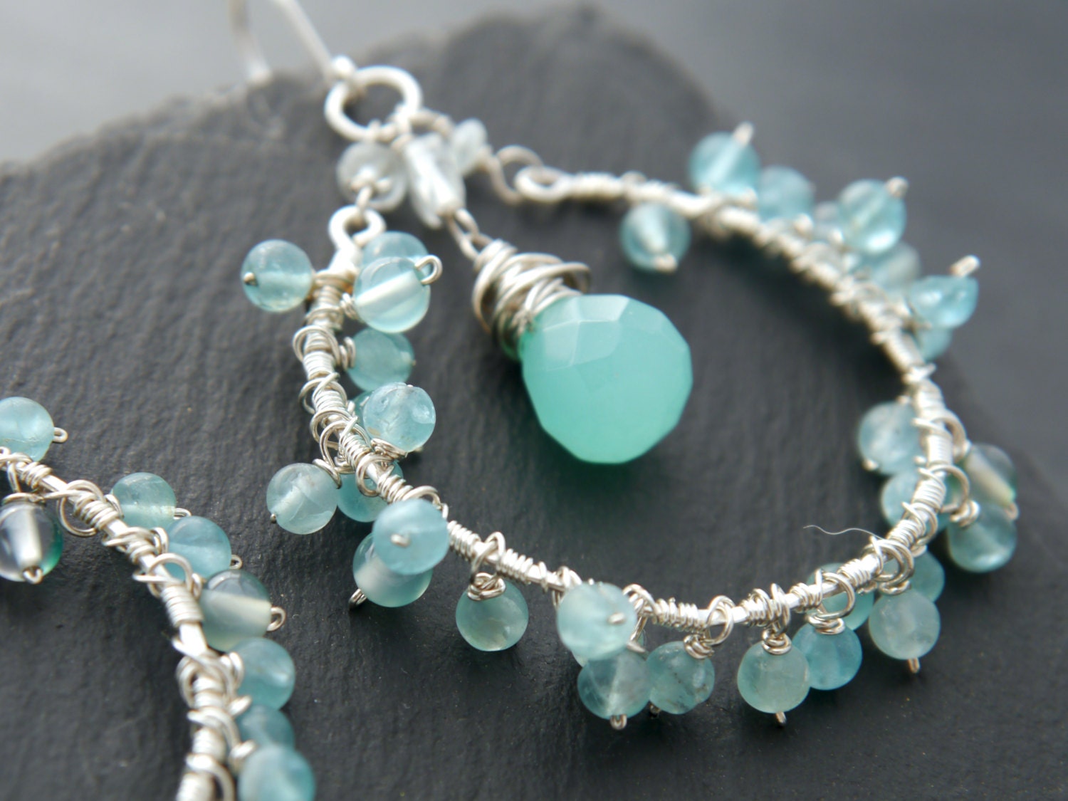 Chalcedony Goshenite Floral Garland Hoop Gemstone Earrings, Sterling Silver