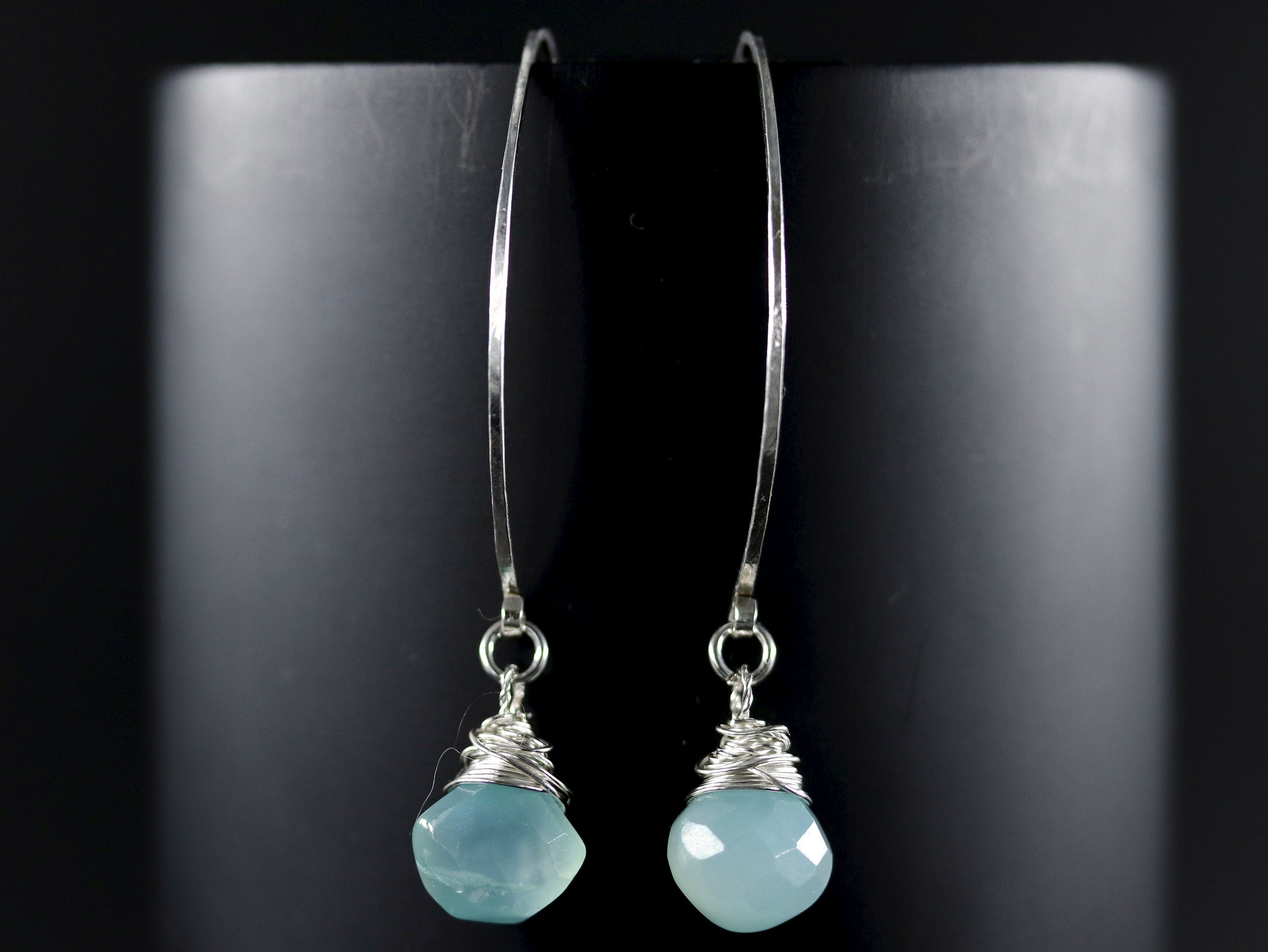 Aqua Chalcedony Briolette Hoop Gemstone Earrings, Sterling Silver