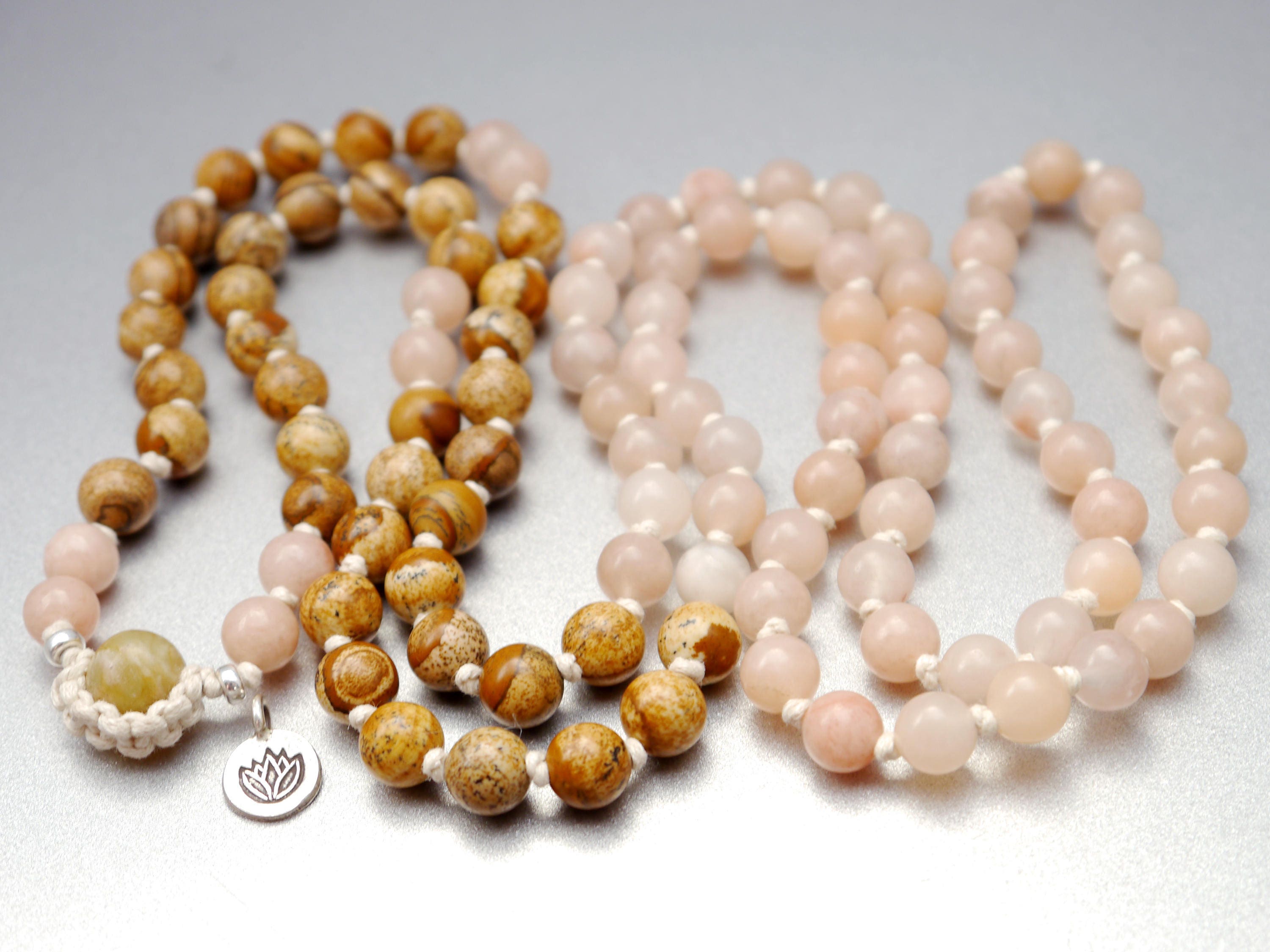 Picture Jasper Pink Aventurine 108 Mala , Hand Knotted , Tibetan Prayer Beads