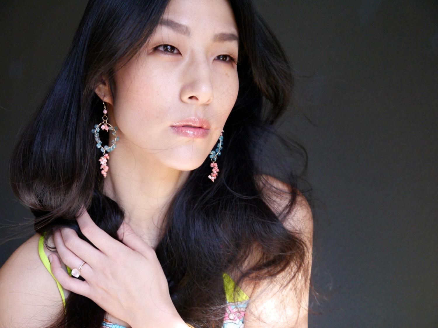 Pink Coral Apatite Chandelier Gemstone Earrings, 14K Gold Filled Bohemian Jewelry