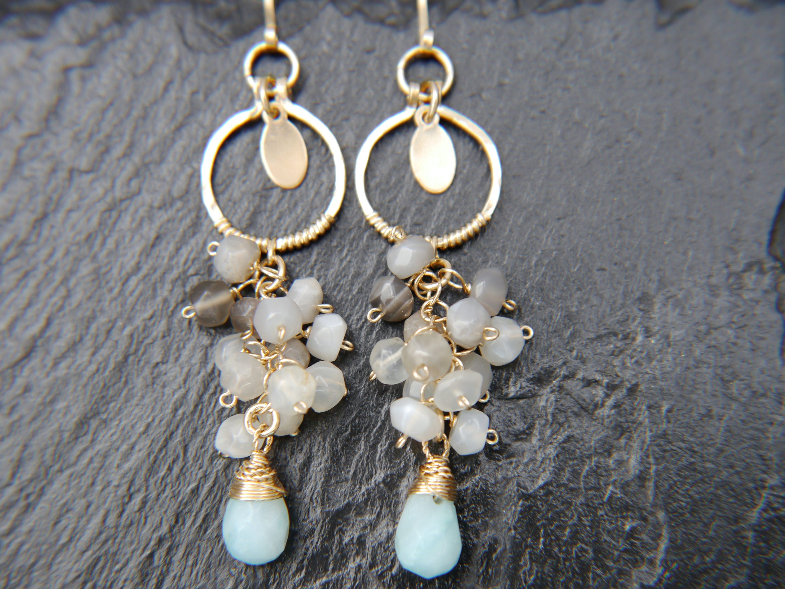Moonstone Amazonite Cluster Gemstone Earrings 14K Gold Filled Nature Inspired