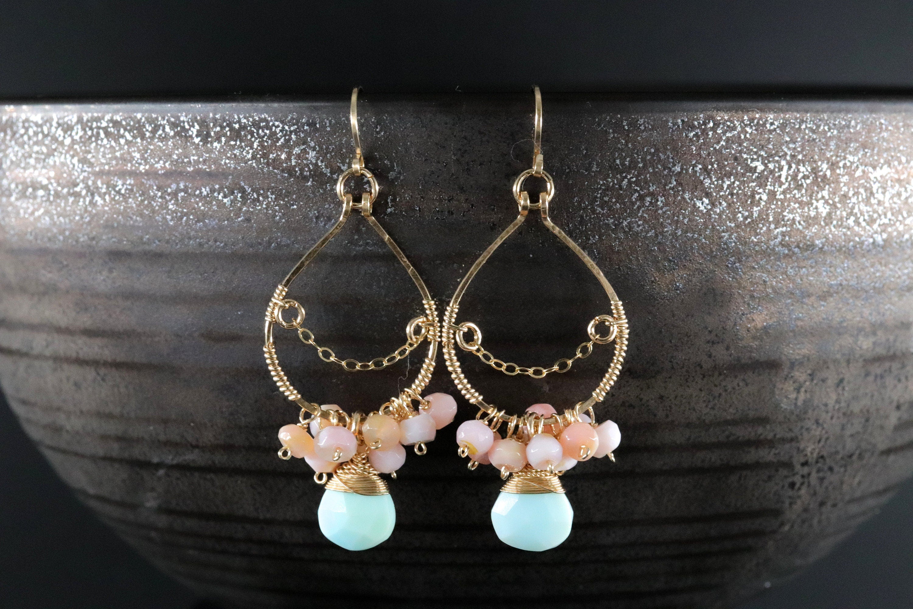 Pink Opal Amazonite Floral Chandelier, Gemstone Earrings, 14K Gold Filled Bohemian Bridal Jewelry