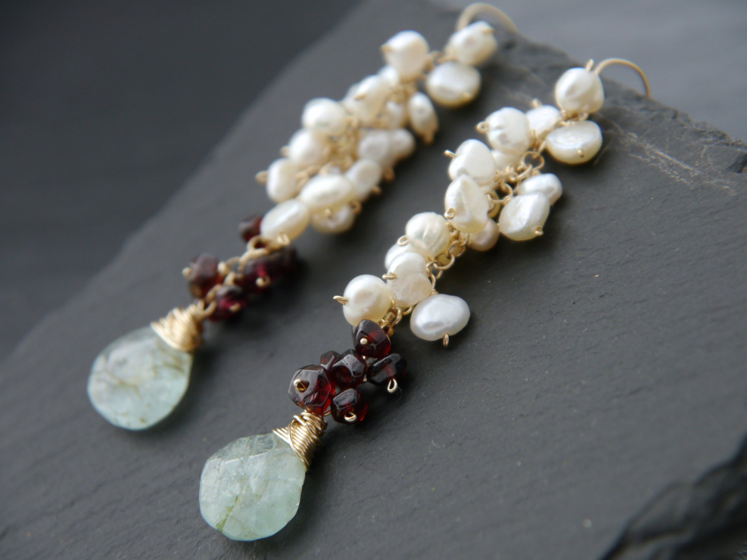 Aquamarine Garnet Pearl Cluster Long Dangle Floral Gemstone Earrings, 14K Gold Filled