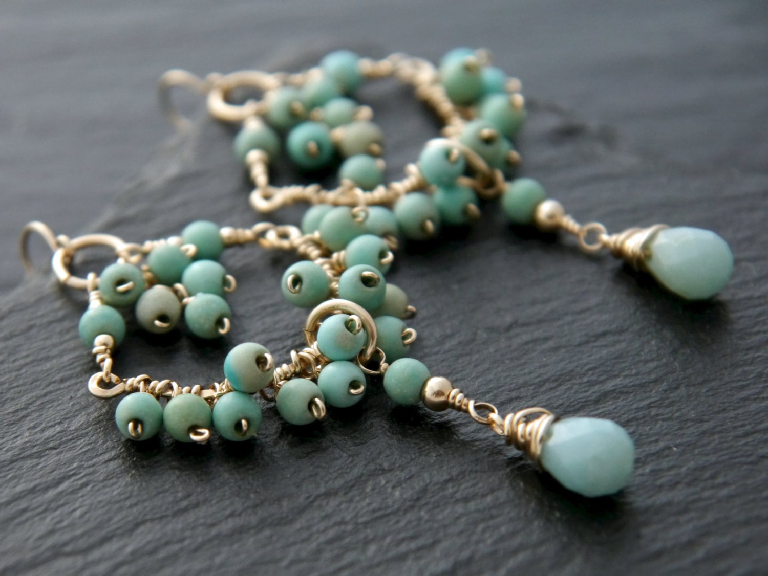 Amazonite Turquoise Chandelier Earrings, 14K Gold Filled Boho Statement Dangle, Coastal Jewelry