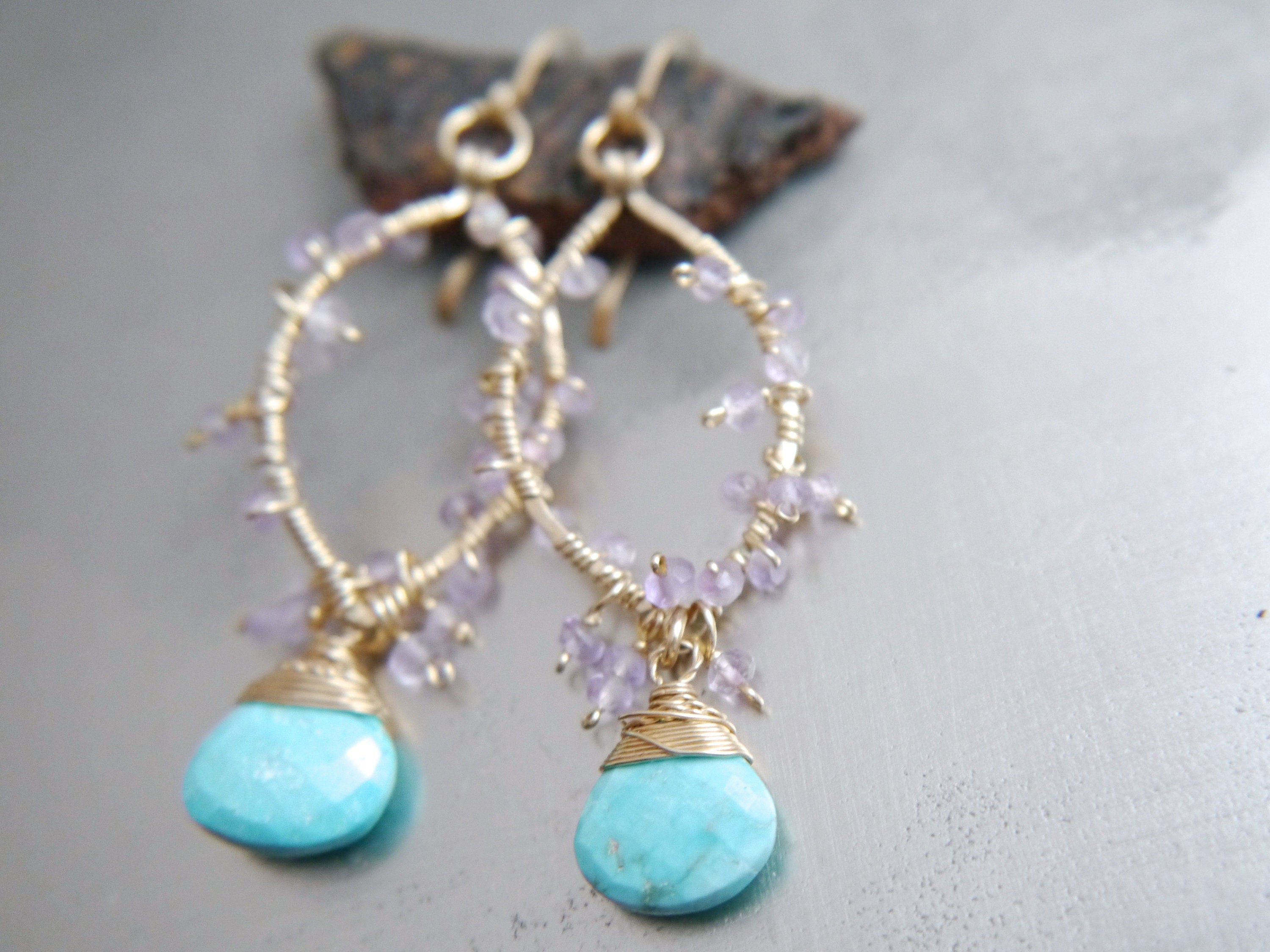 Turquoise Amethyst Floral Gemstone Earrings, 14K Gold Filled Botanical Jewelry