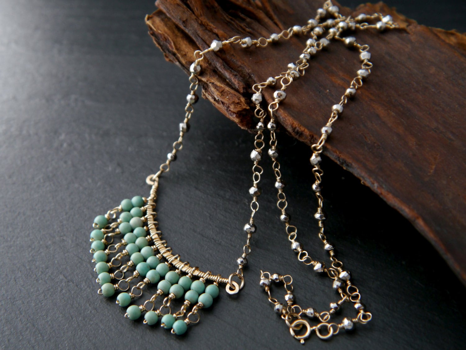 Turquoise Magnesite Tassel Gemstone Necklace, 14K Gold Filled Boho Jewelry