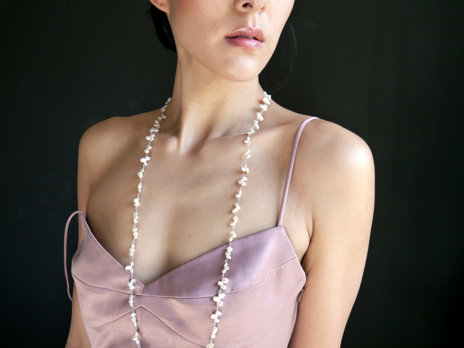 Long White Freshwater Pearl Wedding Necklace, Sterling Silver, Bohemian Bridal Style