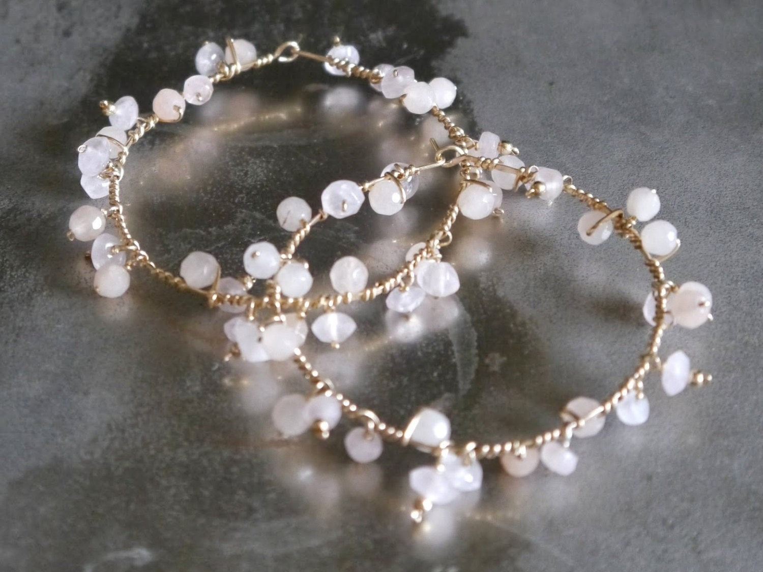 Rose Quartz Floral Hoop Gemstone Earrings, 14K Gold Filled Botanical Bride