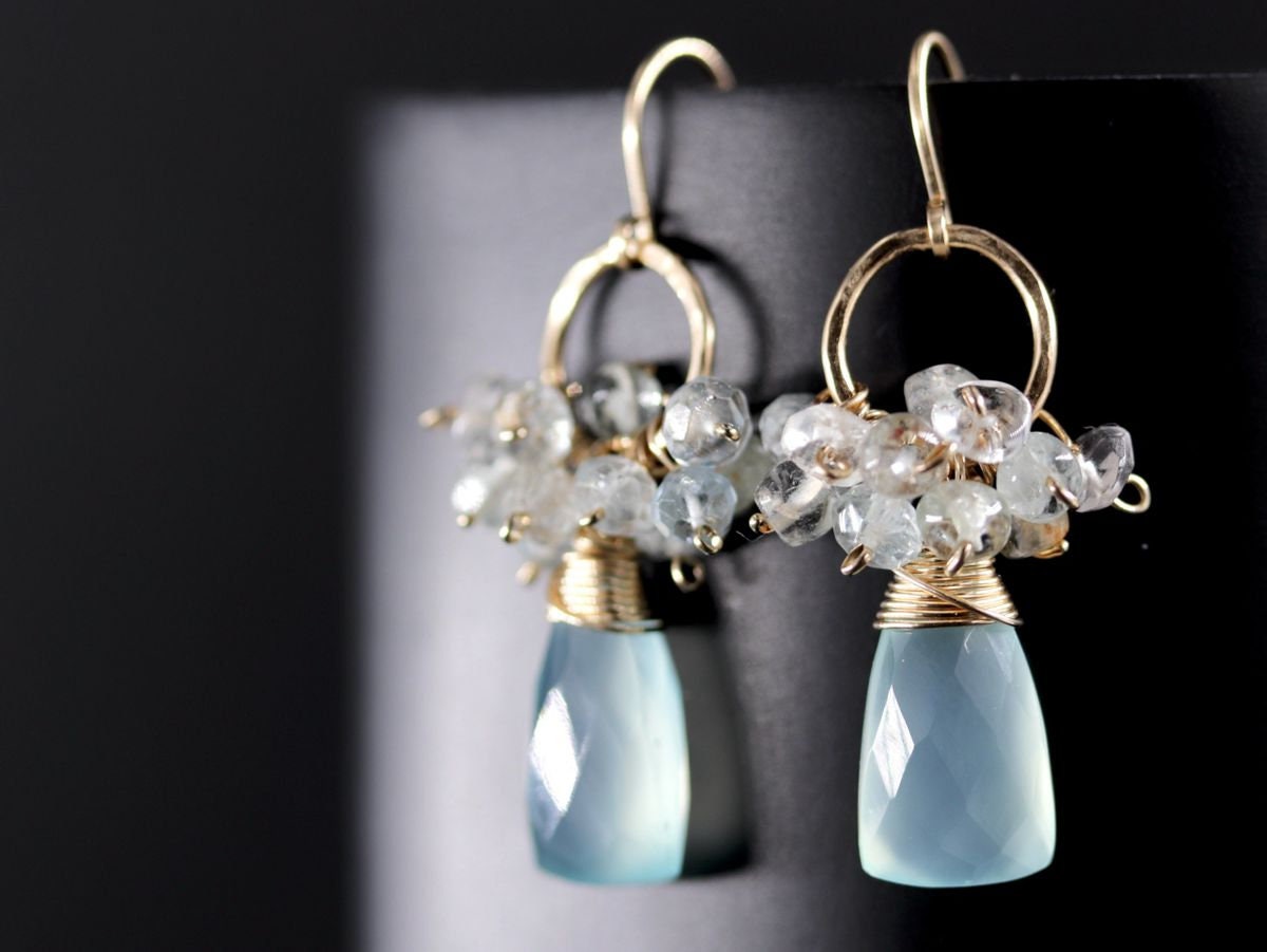 Labradorite Opal Cluster Gemstone Earrings, 14K Gold Filled Bohemian Wedding