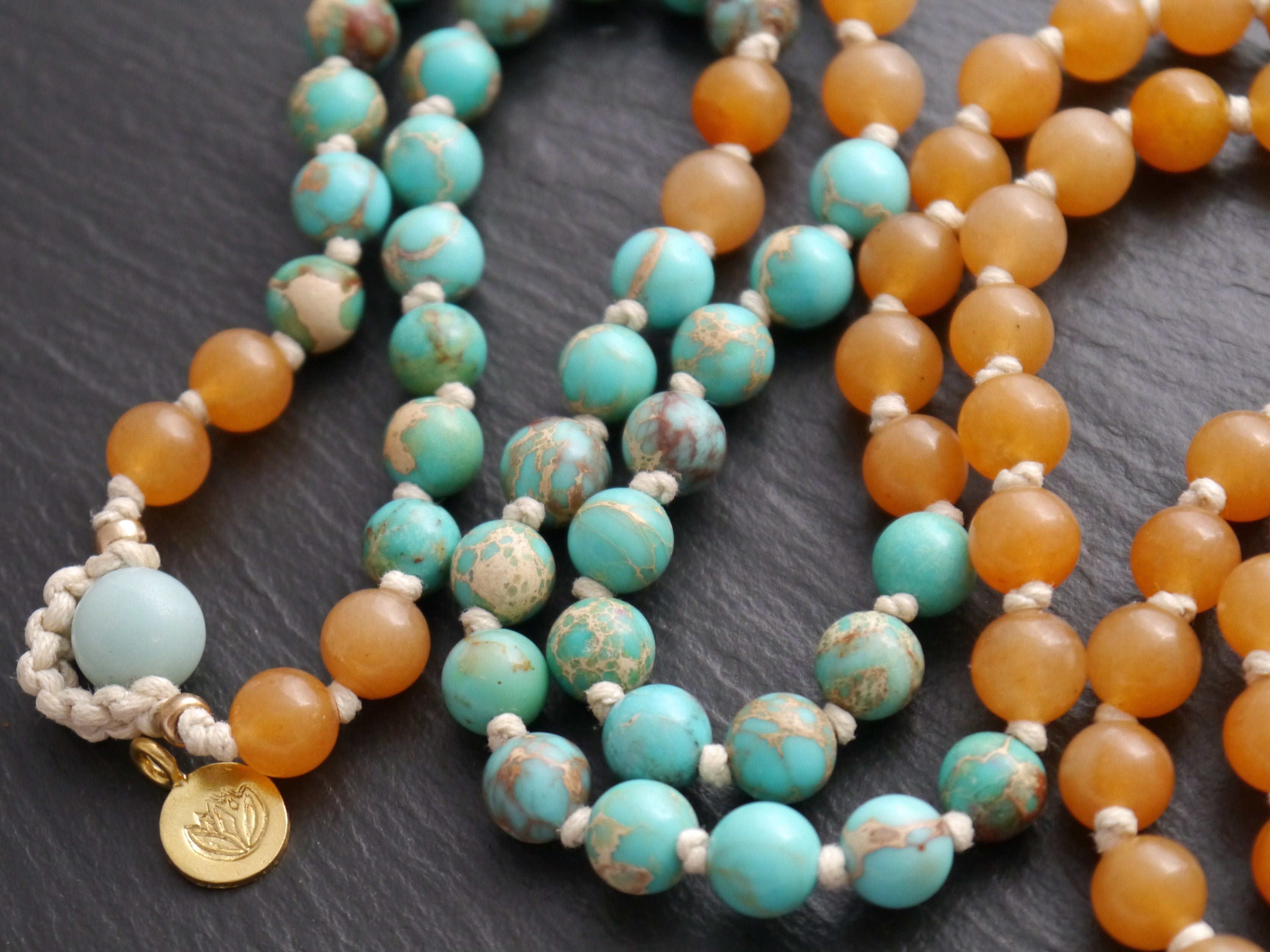 Red Aventurine Amazonite Mala Beads, 108 Gemstone Beads, Wrap, Hand Knotted