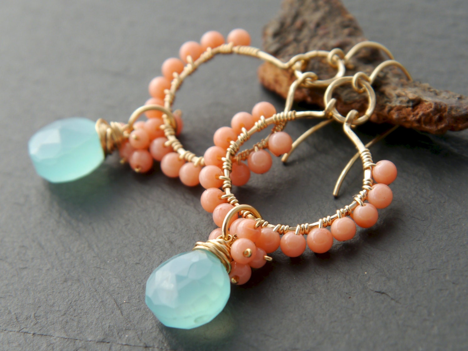 Coral Aqua Chalcedony Hoop Gemstone Earrings, 14K Gold Filled Botanicals