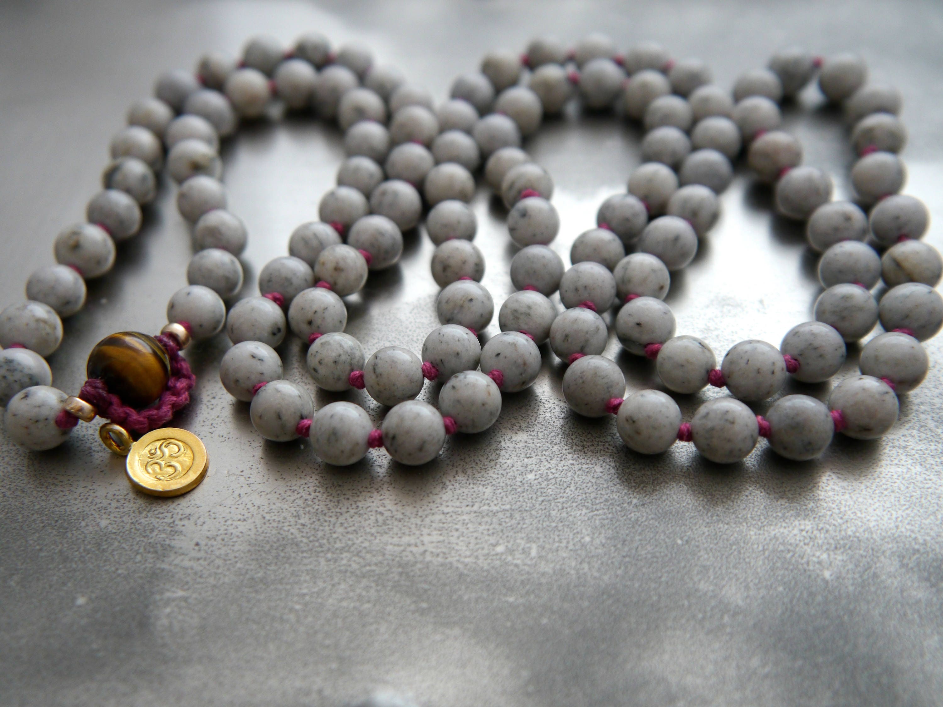 Gray Feldspar 108 Mala Bead , Wrap, Hand Knotted Tibetan Prayer Beads